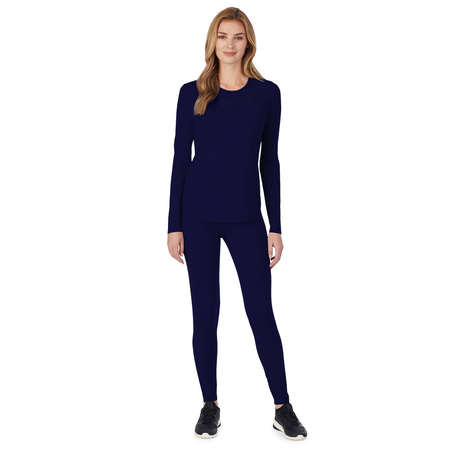 Navy;Model is wearing size S. She is 5’9”, Bust 32”, Waist 23", Hips 34.5”.@A lady wearing a navy long sleeve underscrub crew neck top.