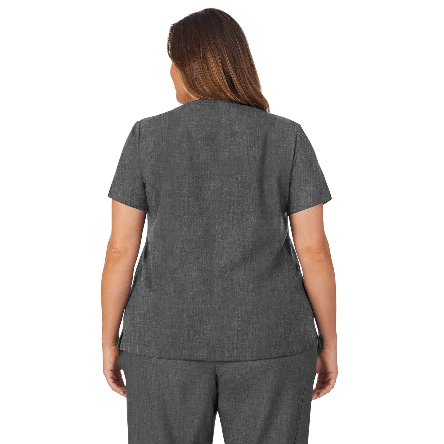 Charcoal Heather;Model is wearing size 1X. She is 5’9.5”, Bust 43”, Waist 37”, Hips 49.5”.@A lady wearing charcoal heather scrub v-neck top with chest pocket plus.