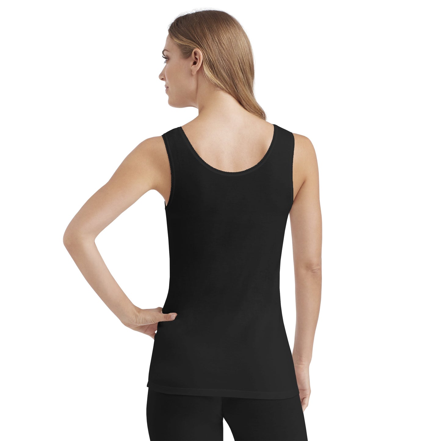Black; Model is wearing size S. She is 5’9”, Bust 34”, Waist 26”, Hips 36”.@A lady wearing black softech venice lace detail cami.