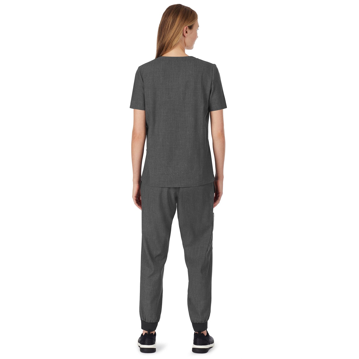 Charcoal Heather;@A lady wearing charcoal heather scrub henley neck top with side pockets petite.