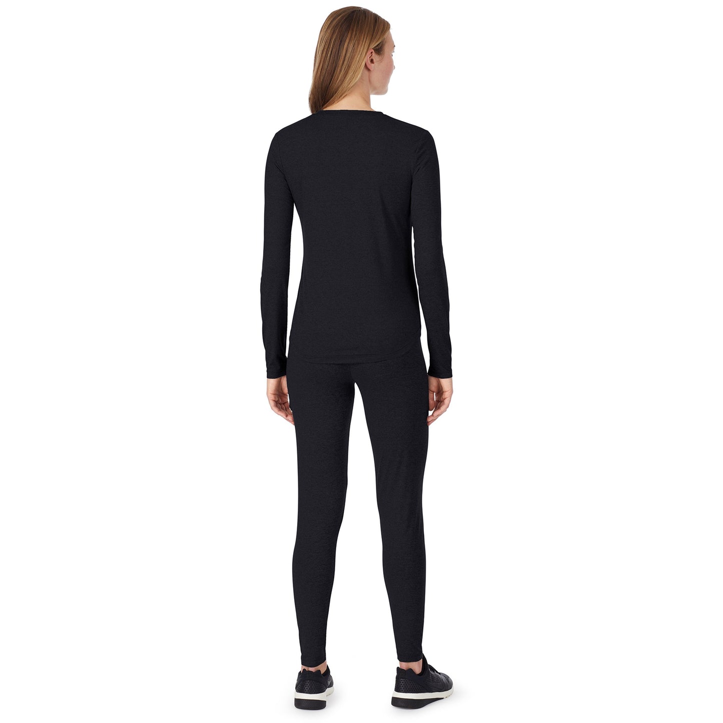 Black;Model is wearing size S. She is 5’9”, Bust 32”, Waist 23", Hips 34.5”.@A lady wearing black long sleeve underscrub crew neck to prtite.