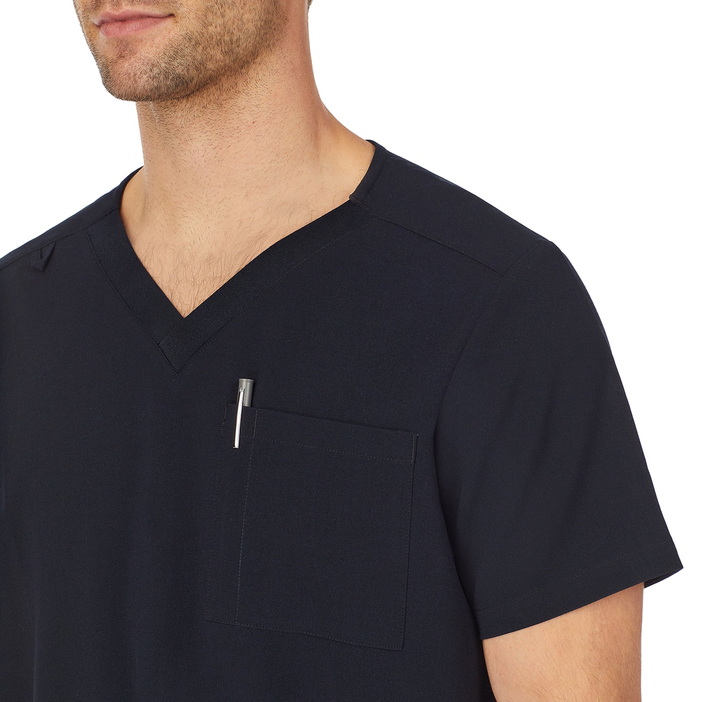 Black;Model is wearing size M. He is 6'2", Waist 32", Inseam 32".@A man wearing black mens scrub v-neck top with chest pocket.