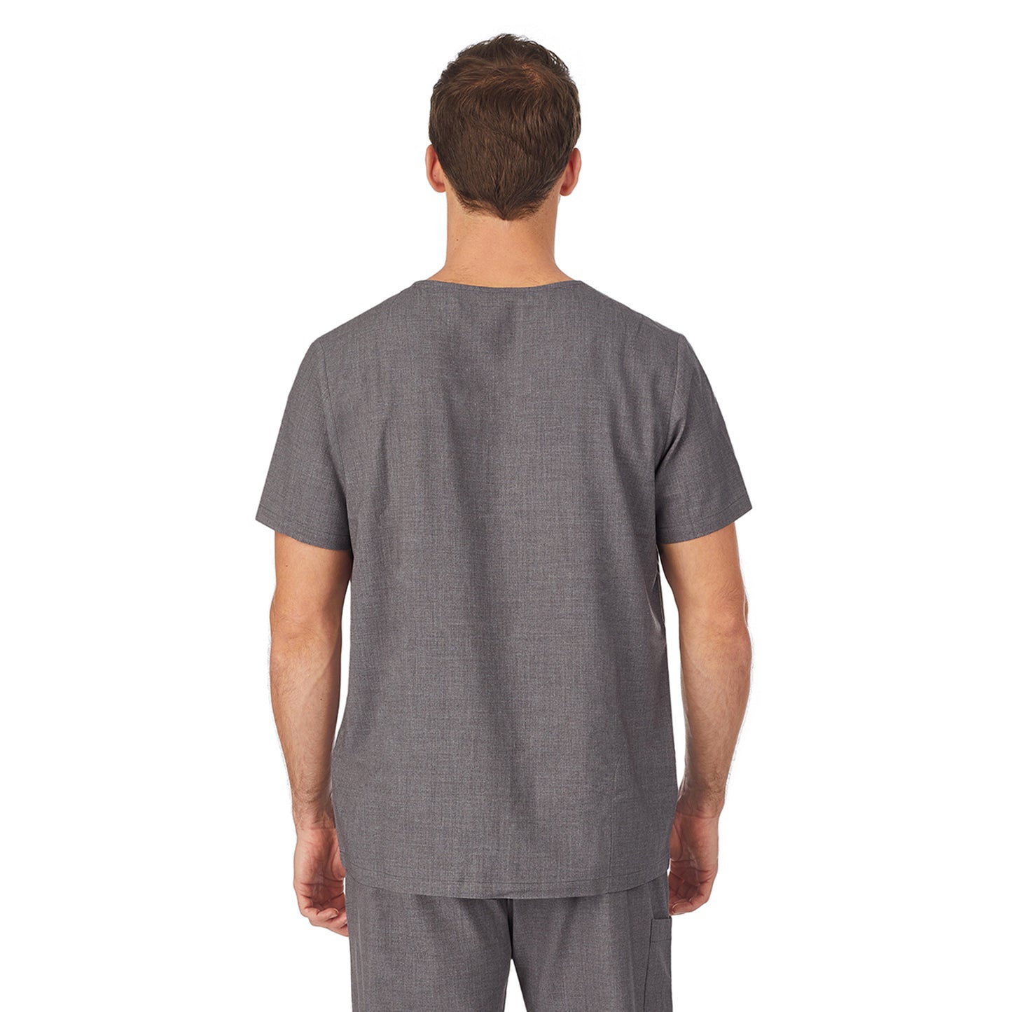 Charcoal Heather;Model is wearing size M. He is 6'2", Waist 32", Inseam 32".@A man wearing charcoal heather scrub v-neck top with pockets.