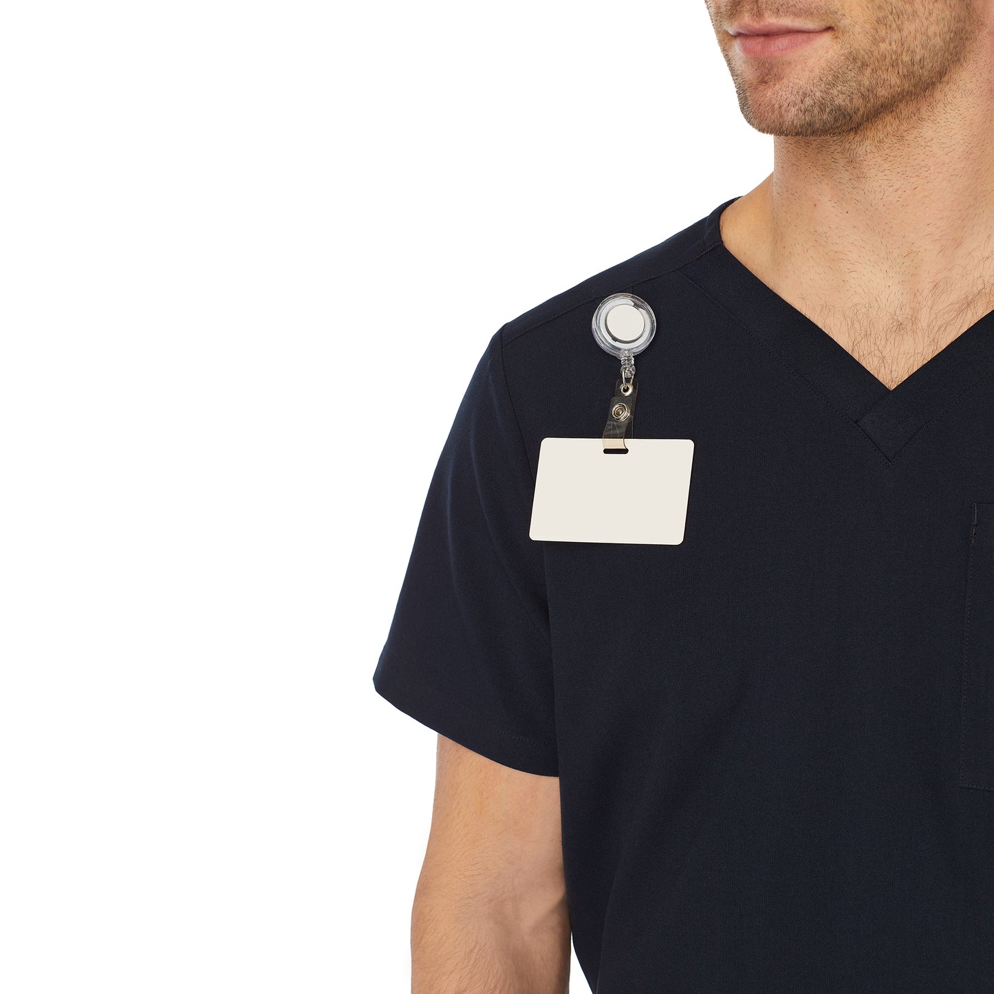Black;Model is wearing size M. He is 6'2", Waist 32", Inseam 32".@A man wearing black mens scrub v-neck top with chest pocket.