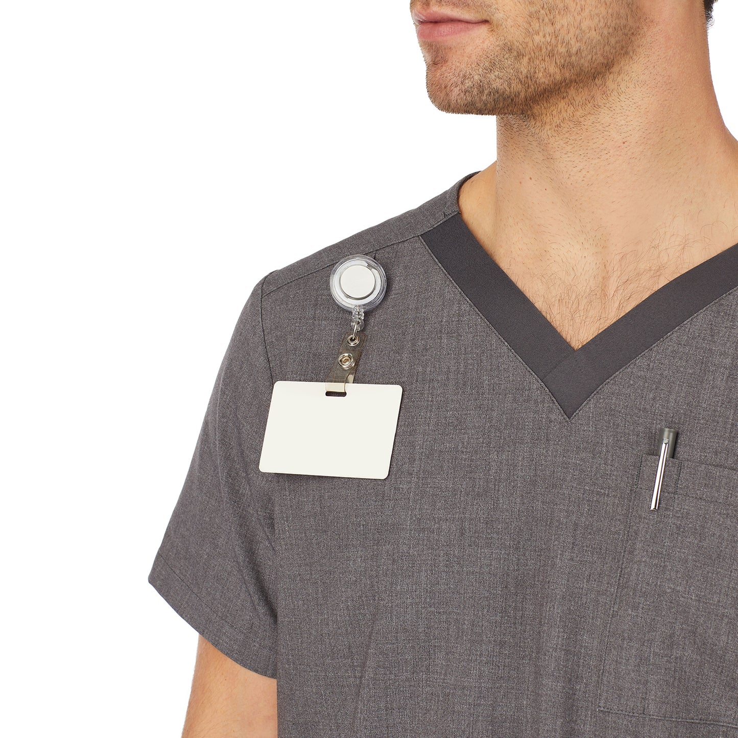 Charcoal Heather;Model is wearing size M. He is 6'2", Waist 32", Inseam 32".@A man wearing charcoal heather mens scrub v-neck top with chest pocket.
