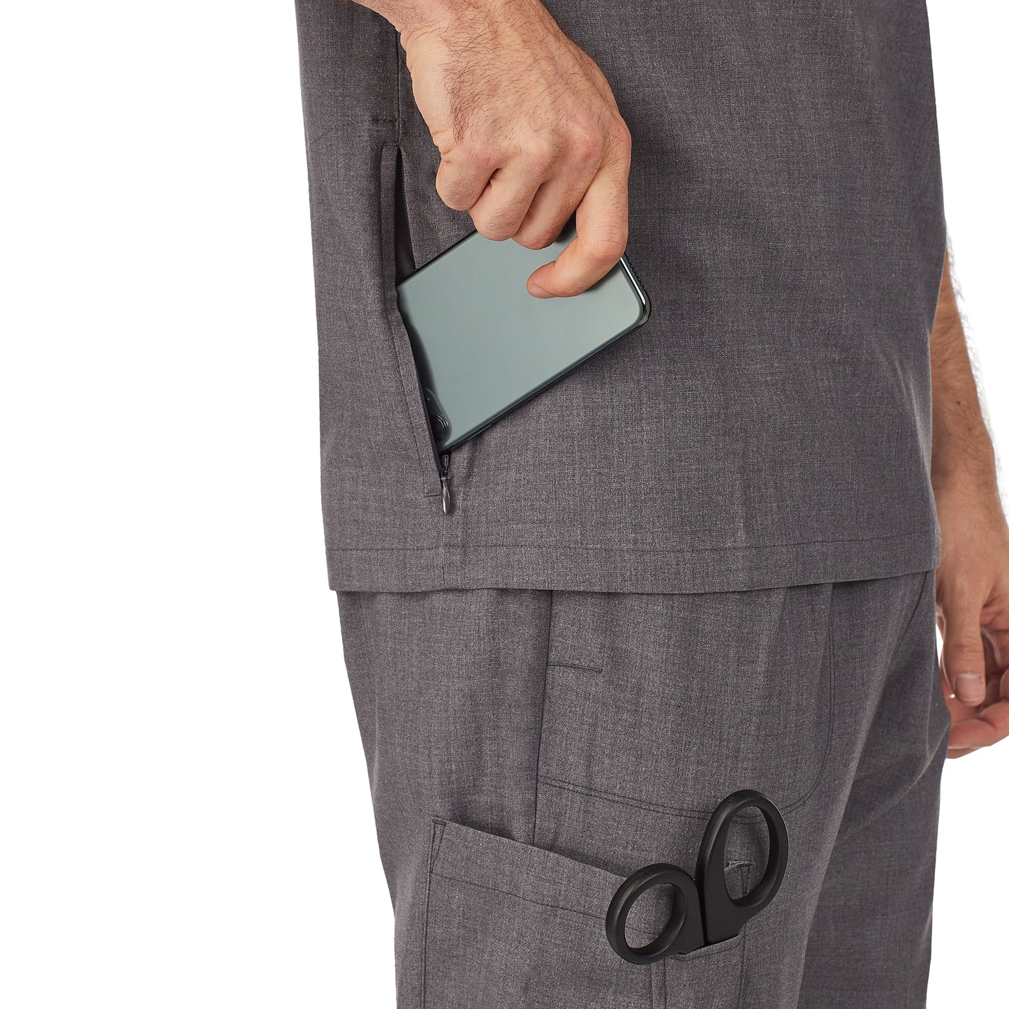 Charcoal Heather;Model is wearing size M. He is 6'2", Waist 32", Inseam 32".@A man wearing charcoal heather scrub v-neck top with pockets.