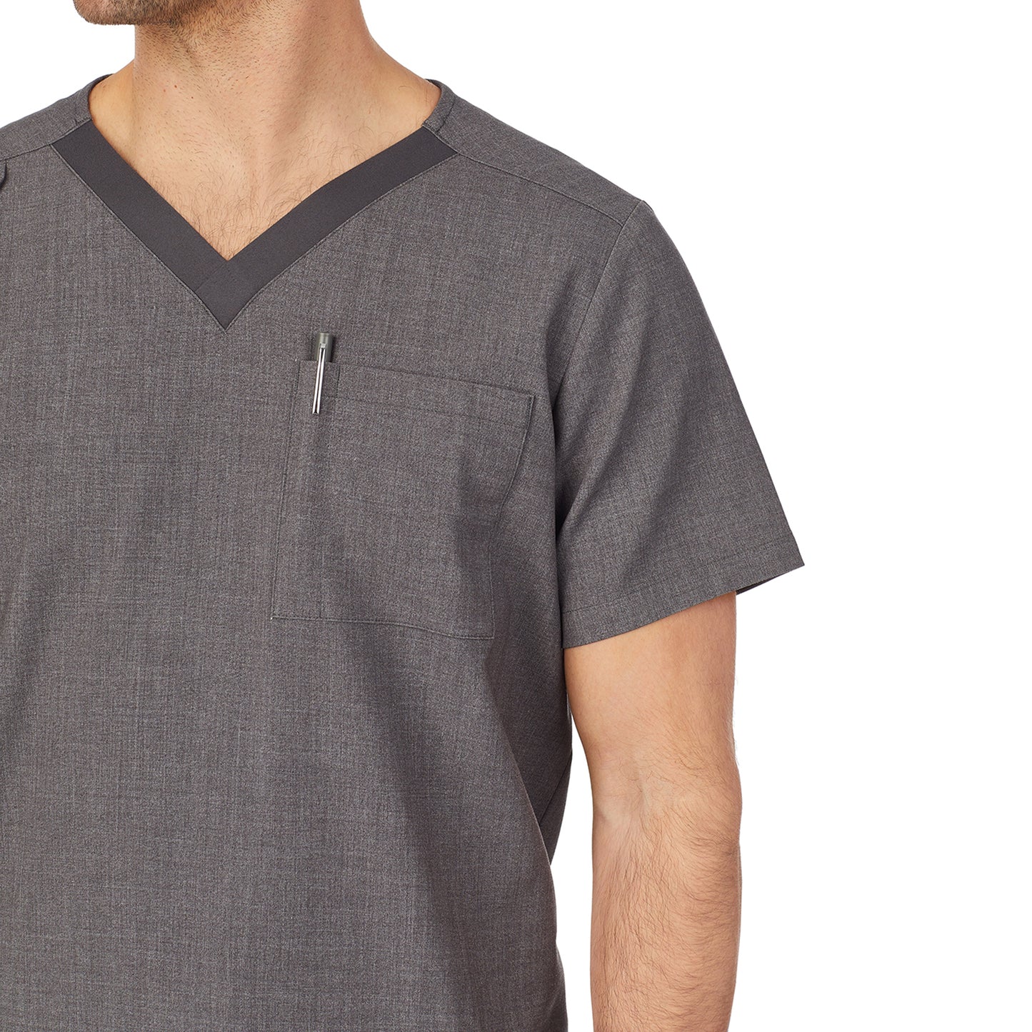 Charcoal Heather;Model is wearing size M. He is 6'2", Waist 32", Inseam 32".@A man wearing charcoal heather mens scrub v-neck top with chest pocket.