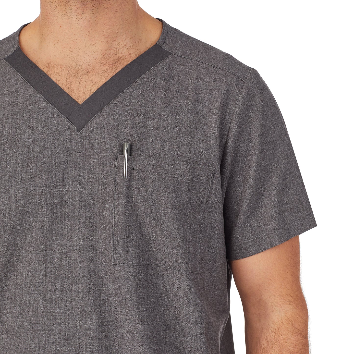 Charcoal Heather;Model is wearing size M. He is 6'2", Waist 32", Inseam 32".@A man wearing charcoal heather scrub v-neck top with pockets.