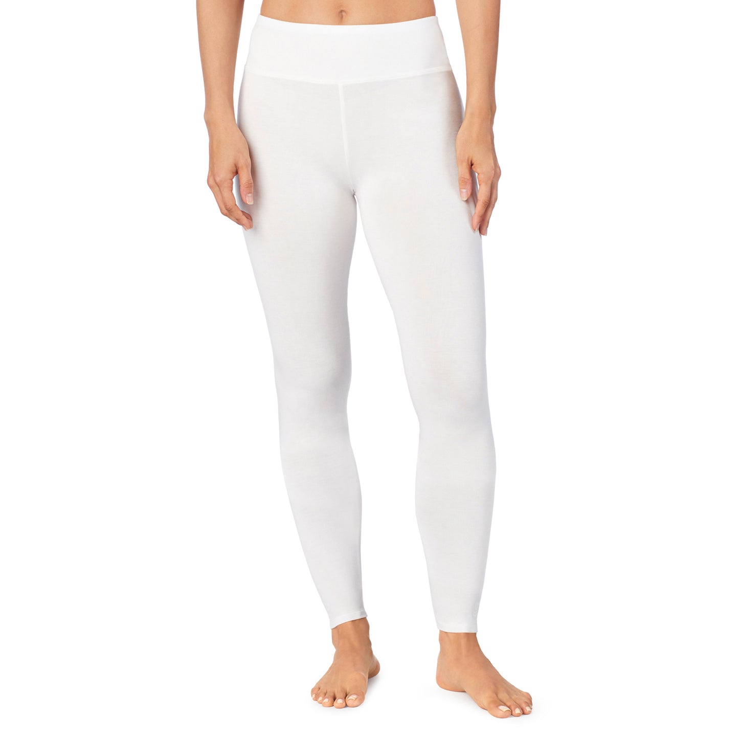Ivory; Model is wearing size S. She is 5’9”, Bust 32”, Waist 25.5”, Hips 36”. @A lady wearing ivory high waist legging petite.