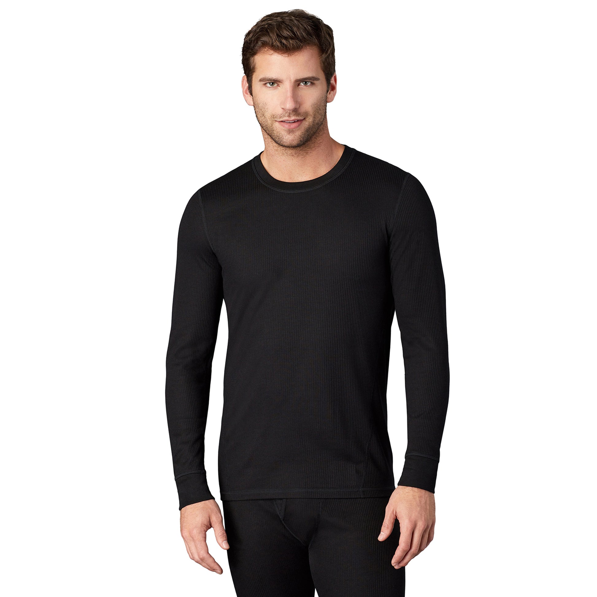 Upper body of a man wearing long sleeve black crew