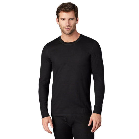 Black; Model is wearing size M. He is 6'1", Waist 31", Inseam 33".@Upper body of a man wearing long sleeve black crew