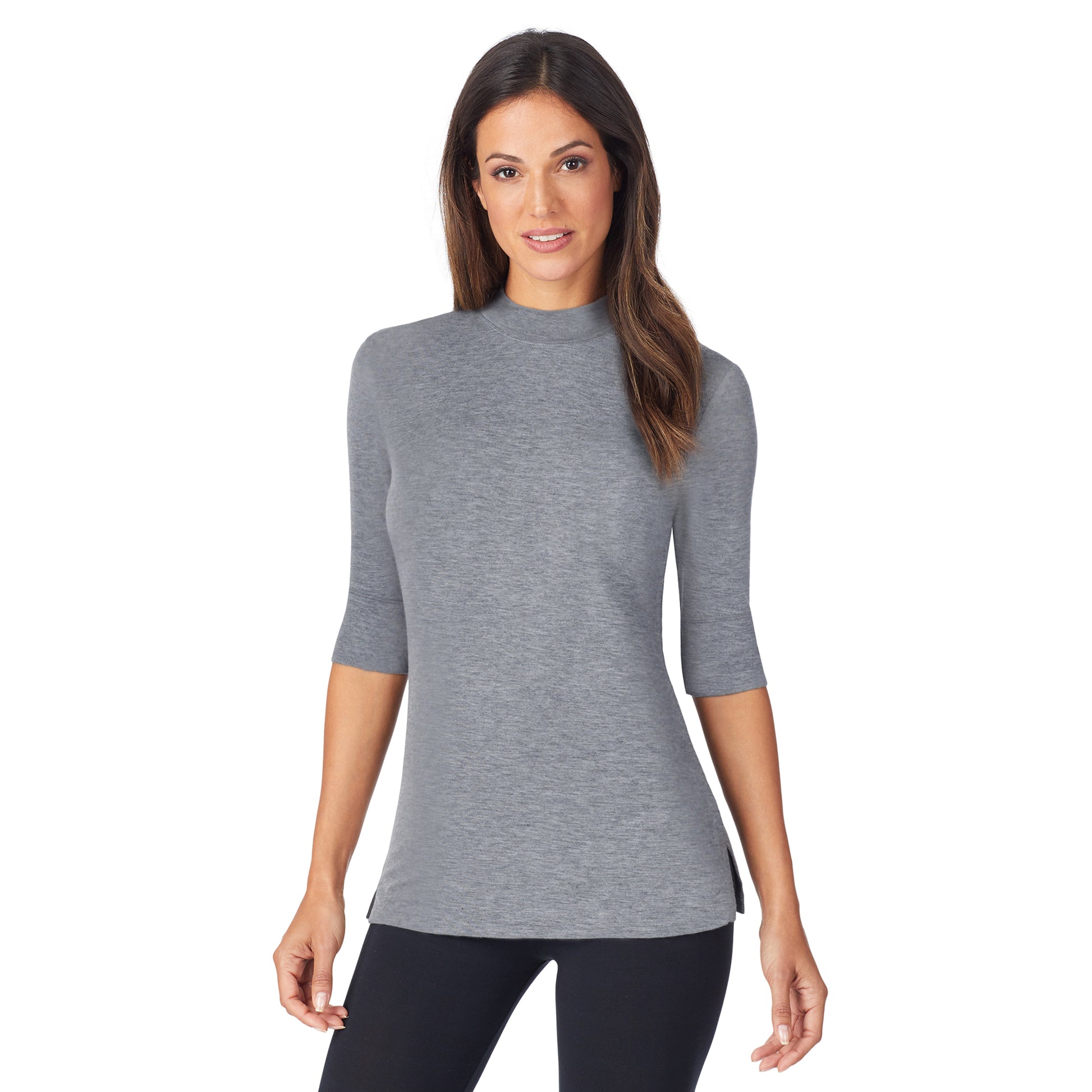 A lady wearing a charcoal heather elbow sleeve mock neck.