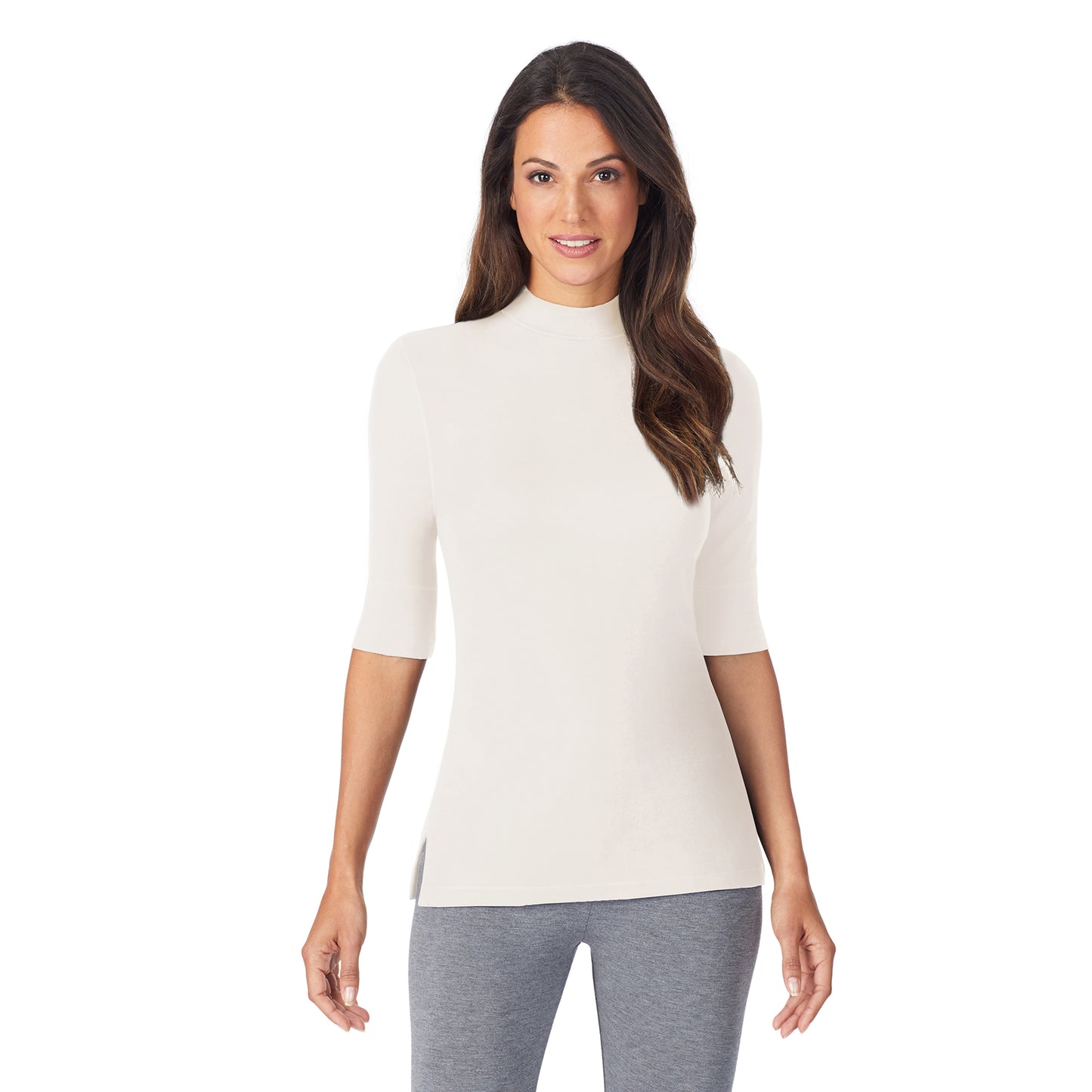 Ivory; Model is wearing size S. She is 5’9”, Bust 32”, Waist 25”, Hips 35”. @A lady wearing a ivory elbow sleeve mock neck.