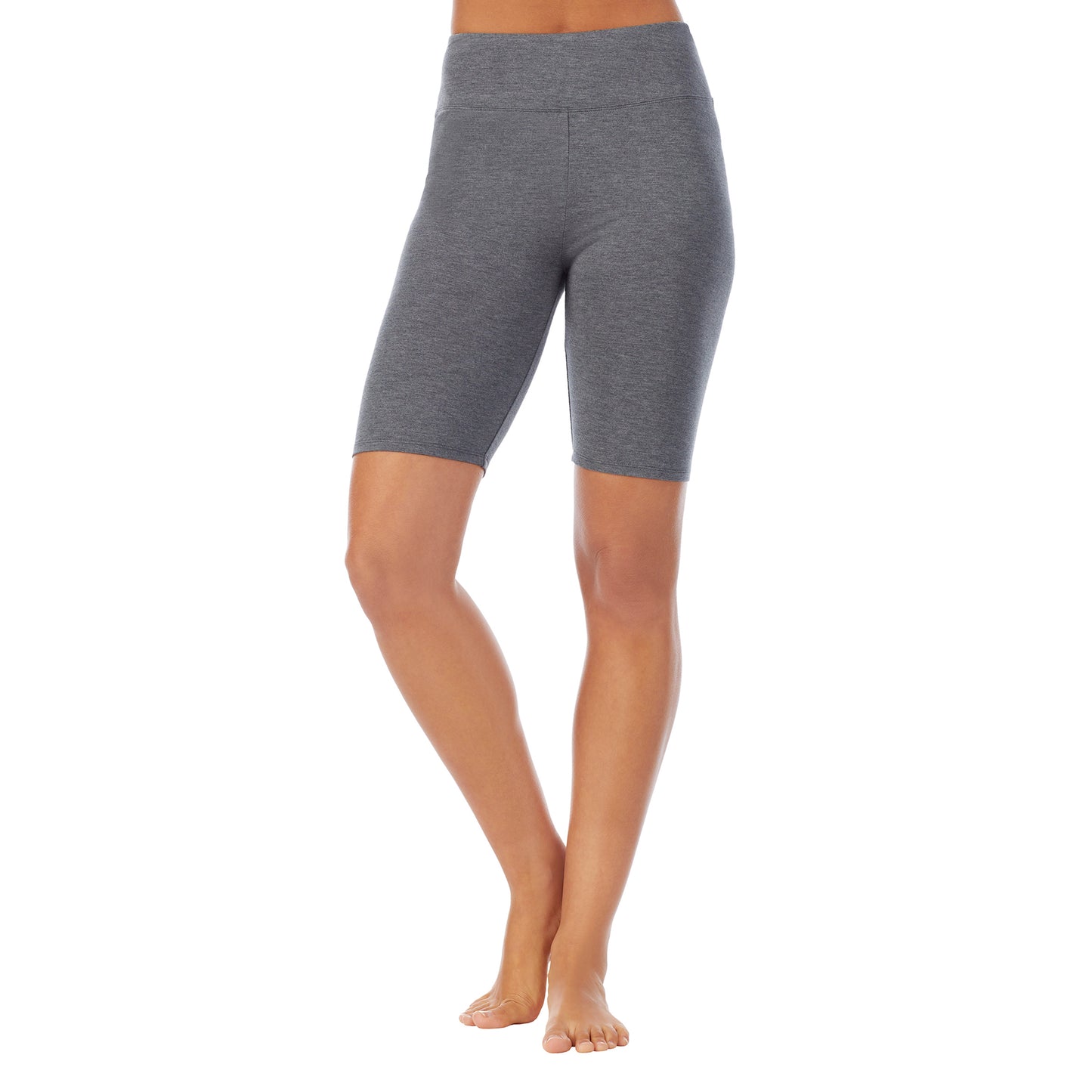 Charcoal Heather; Model is wearing size S. She is 5'8.5", Bust 32", Waist 25", Hips 36". @A lady wearing a charcoal heather short.