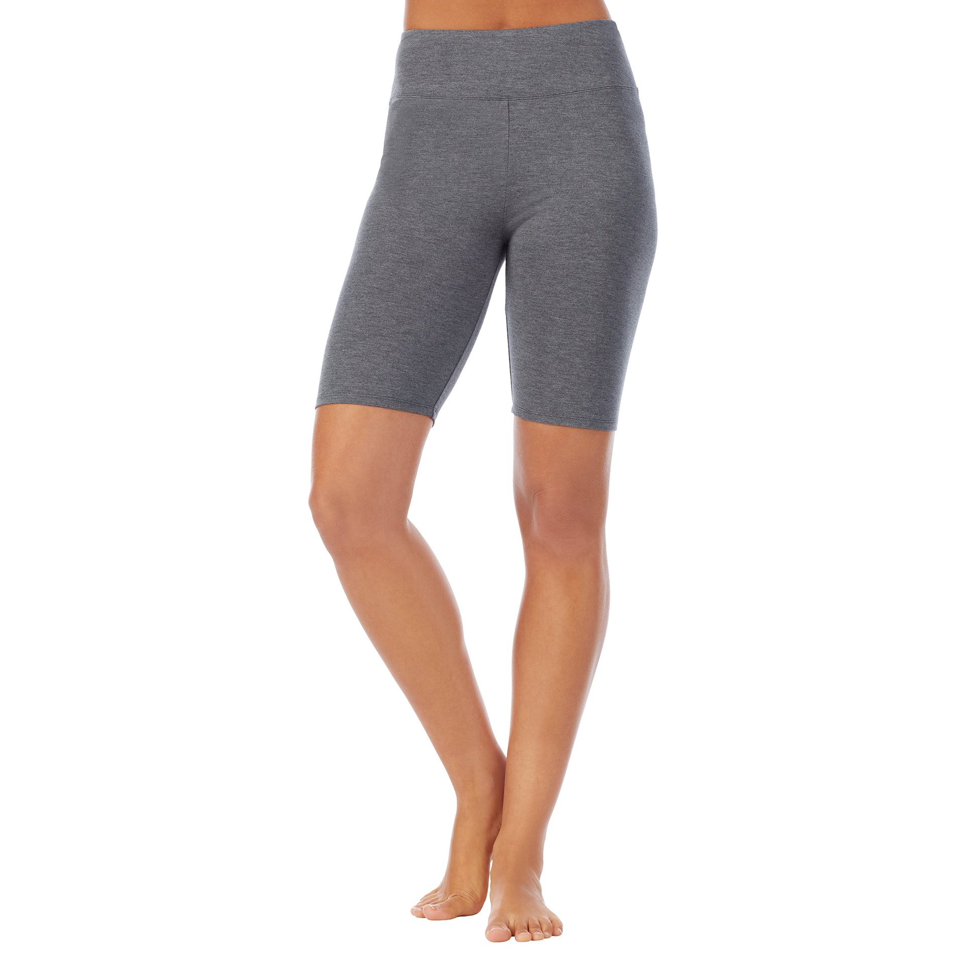 A lady wearing a charcoal heather short.