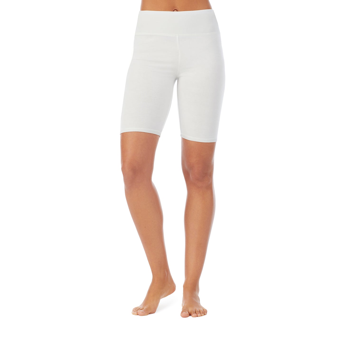 Ivory; Model is wearing size S. She is 5'8.5", Bust 32", Waist 25", Hips 36". @A lady wearing a ivory short.