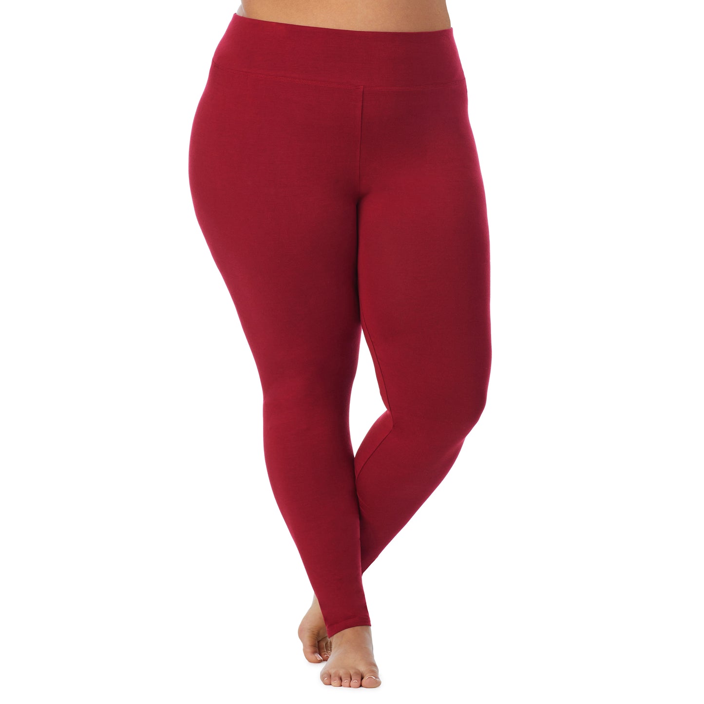 Rhubarb; Model is wearing size 1X. She is 5'9", Bust 38", Waist 36", Hips 48.5". @A lady wearing a rhubarb high waist legging plus.