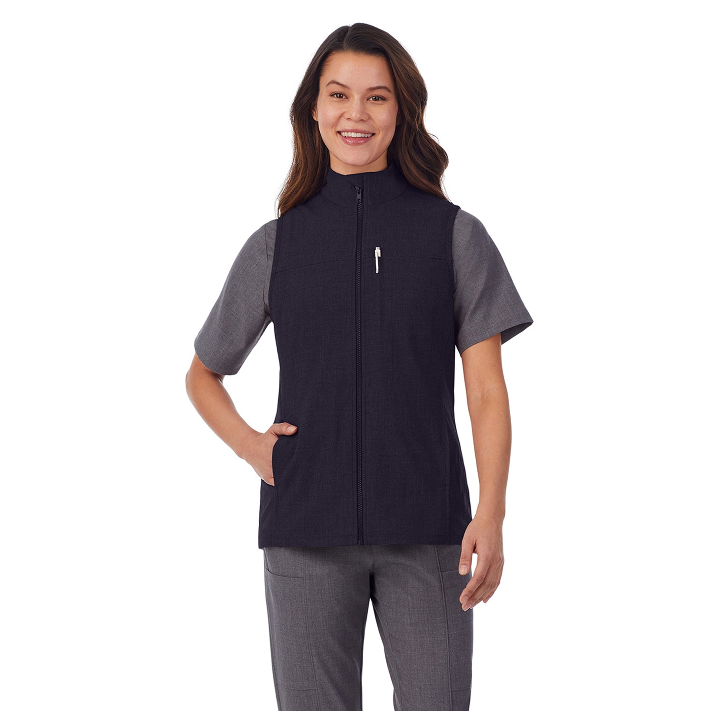 Black;Model is wearing size S. She is 5’9”, Bust 34”, Waist 25”, Hips 35”. @A lady wearing black scrub vest.