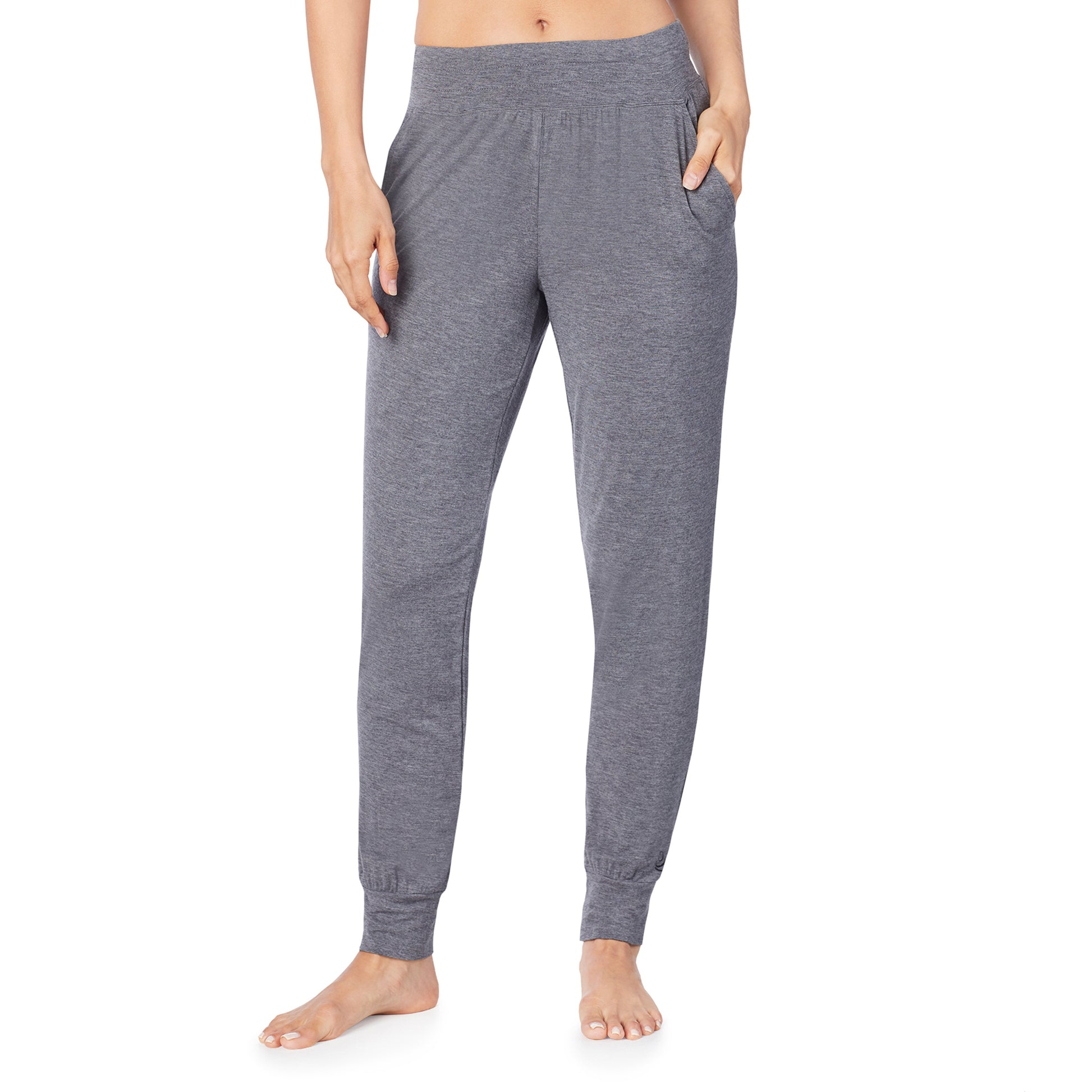 A lady wearing a charcoal heather jogger.