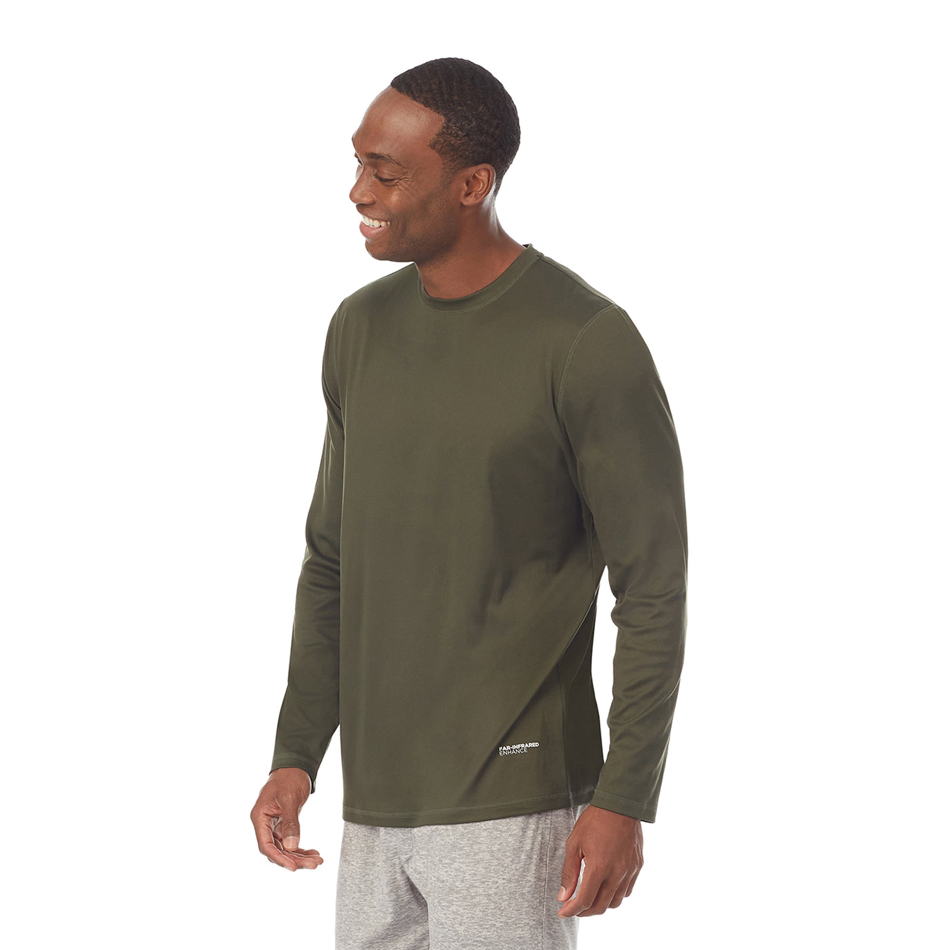 Olive;Model is wearing size M. He is 6'1", Waist 30.5", Inseam 32".@ A lady wearingMens Far-Infrared Enhance Sleep Long Sleeve Crew Neck Top with Olive print