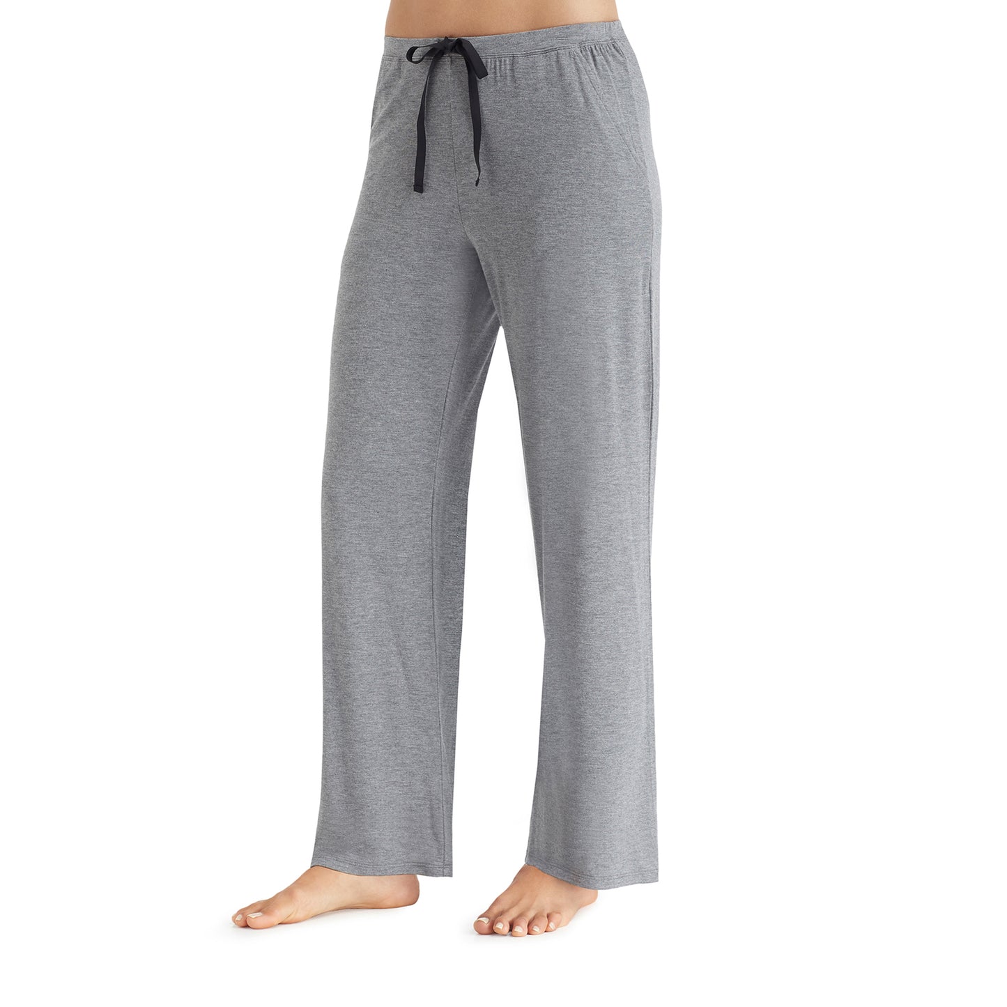 Charcoal Heather; Model is wearing size S. She is 5’9”, Bust 32”, Waist 25.5”, Hips 36”. @A lady wearing a charcoal heather stretch lounge pant.