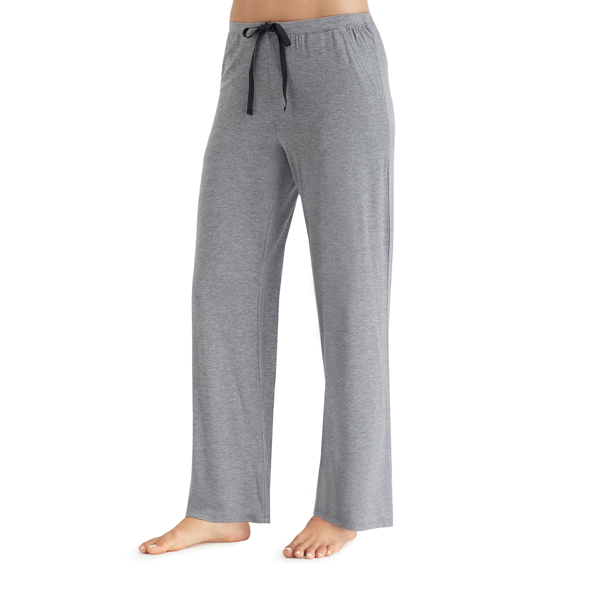 A lady wearing a charcoal heather stretch lounge pant.