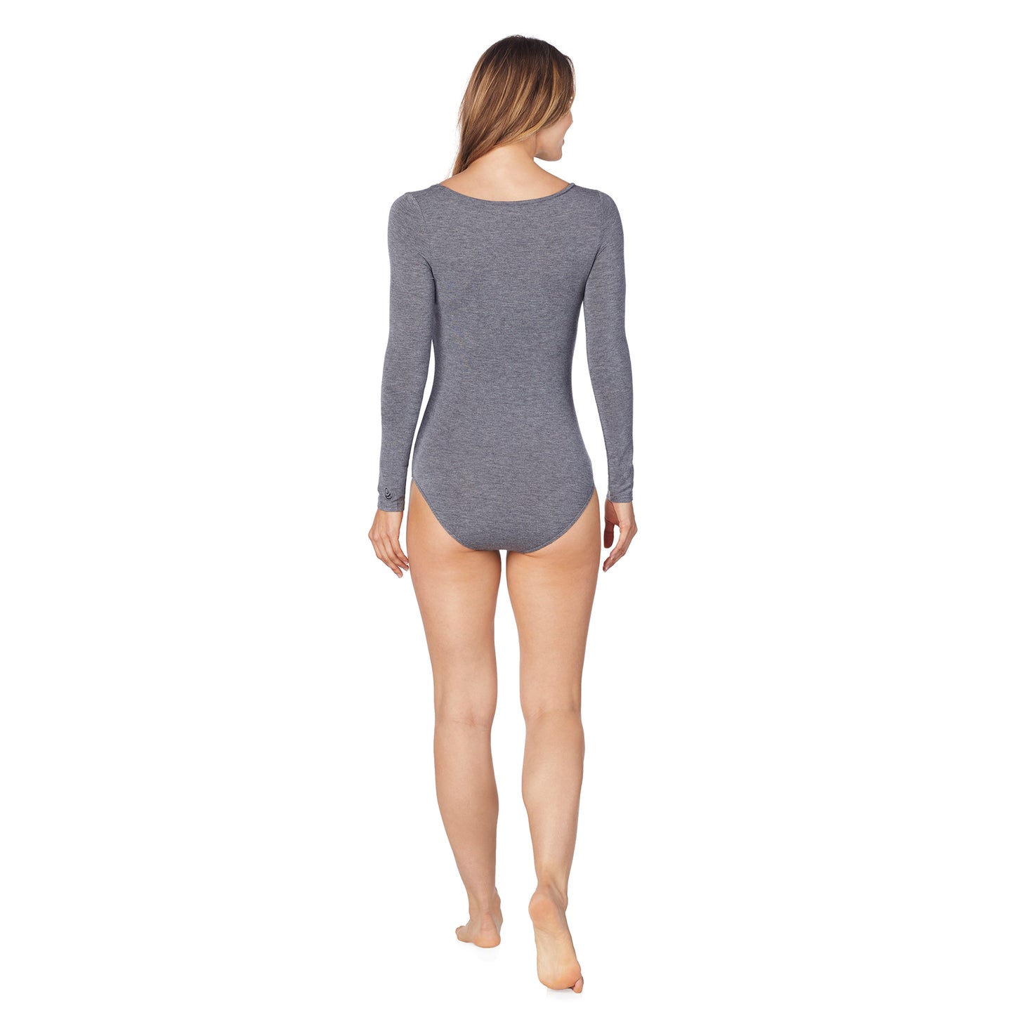 Charcoal Heather; Model is wearing size S. She is 5’9”, Bust 32”, Waist 25.5”, Hips 36”. @A lady wearing a charcoal heather long sleeve stretch bodysuit.