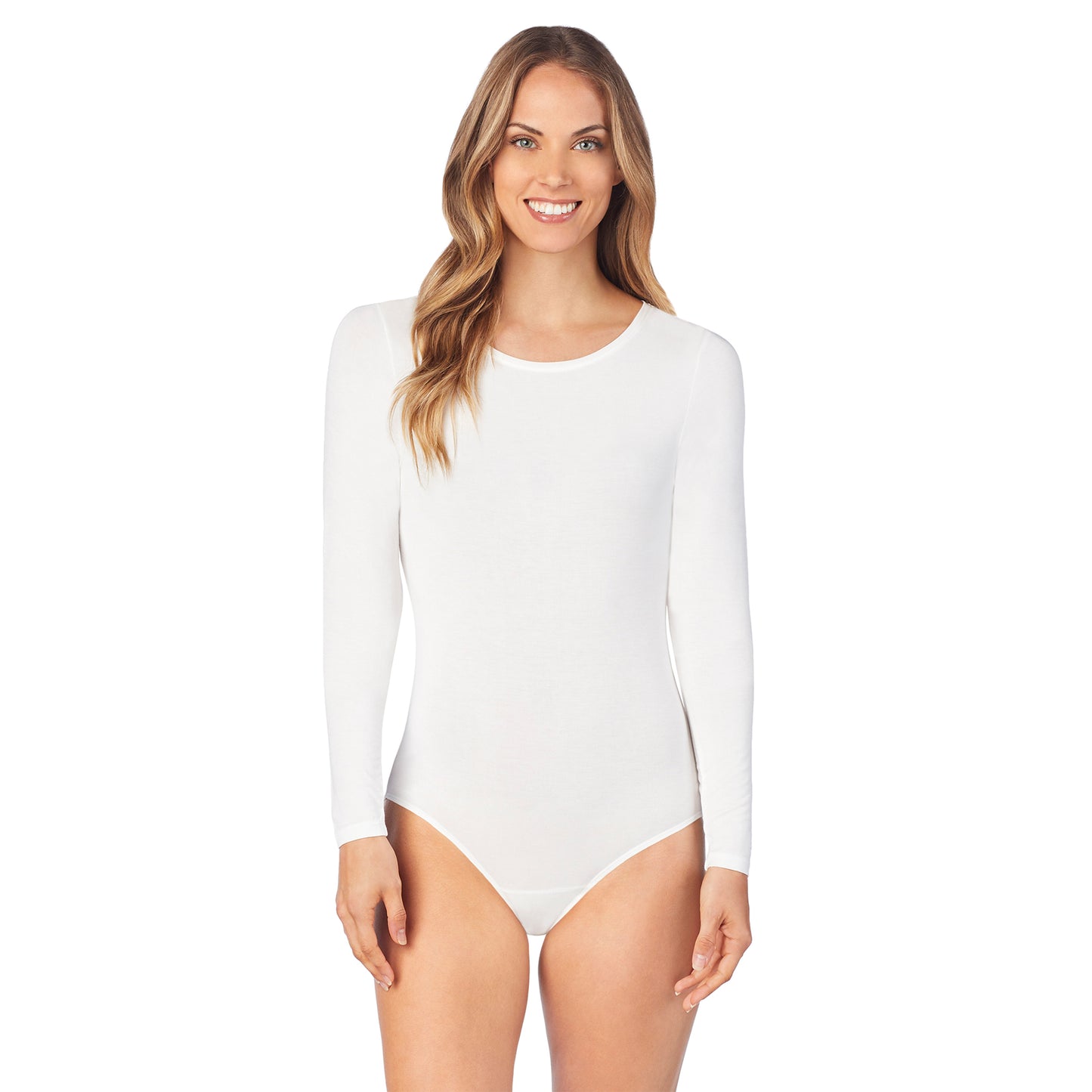 Ivory; Model is wearing size S. She is 5’9”, Bust 32”, Waist 25.5”, Hips 36”. @A lady wearing a ivory long sleeve stretch bodysuit.