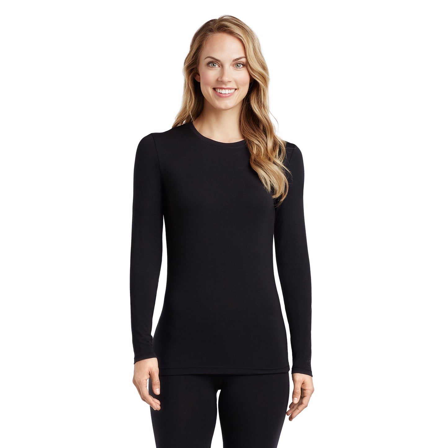 Black; Model is wearing size S. She is 5’9”, Bust 32”, Waist 25.5”, Hips 36”. @A lady wearing a black long sleeve stretch crew PETITE.