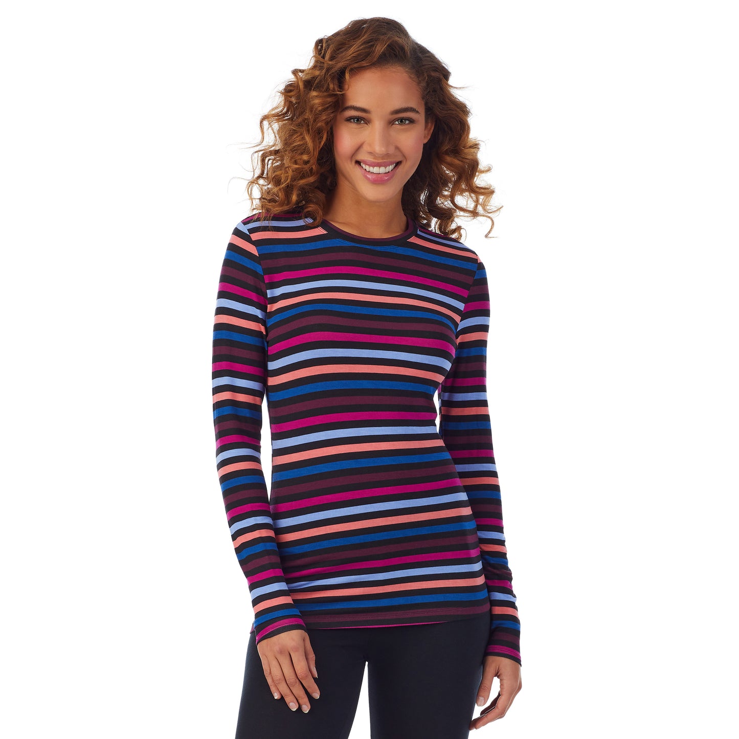 Multi Stripe; Model is wearing size S. She is 5’9”, Bust 34”, Waist 23”, Hips 35”. @A lady wearing a multi stripe long sleeve stretch crew PETITE.