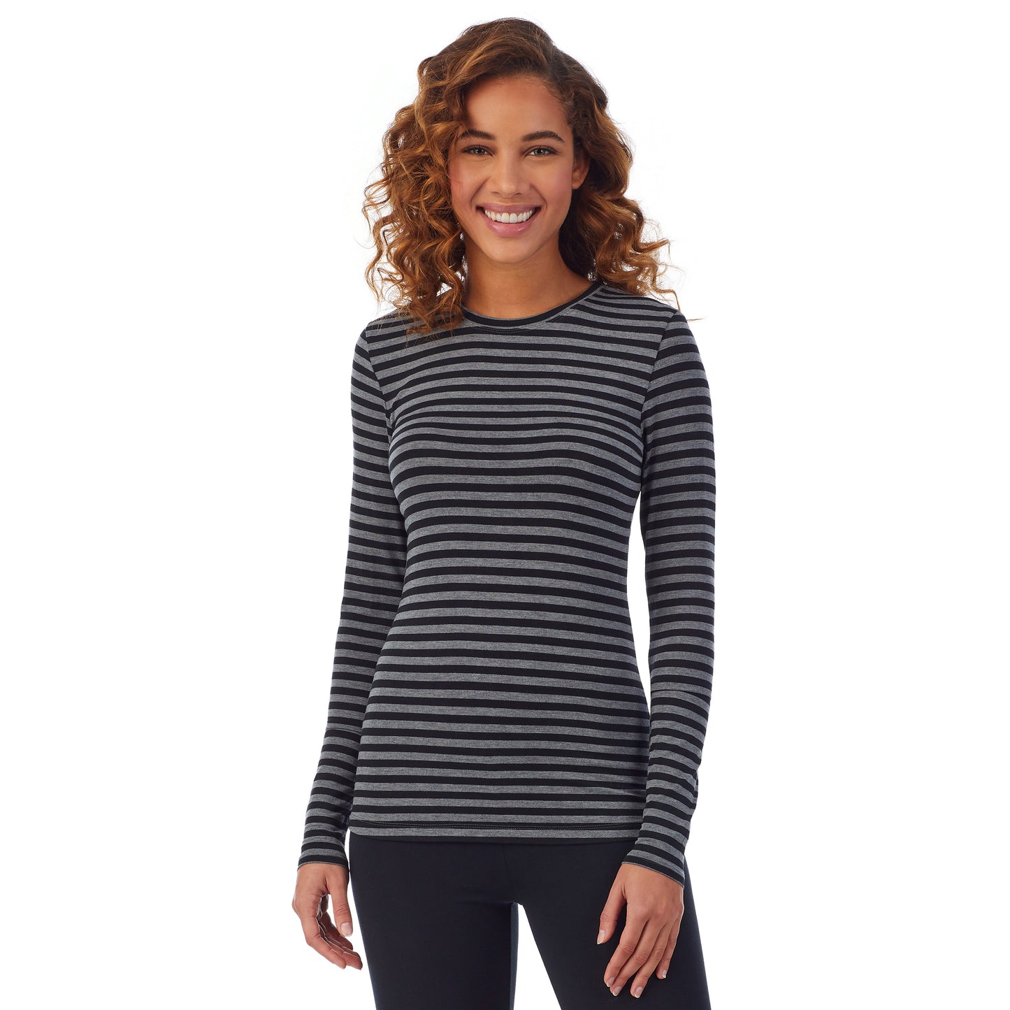 Tonal Stripe; Model is wearing size S. She is 5’9”, Bust 34”, Waist 23”, Hips 35”. @A lady wearing a tonal buffalo long sleeve stretch crew PETITE.