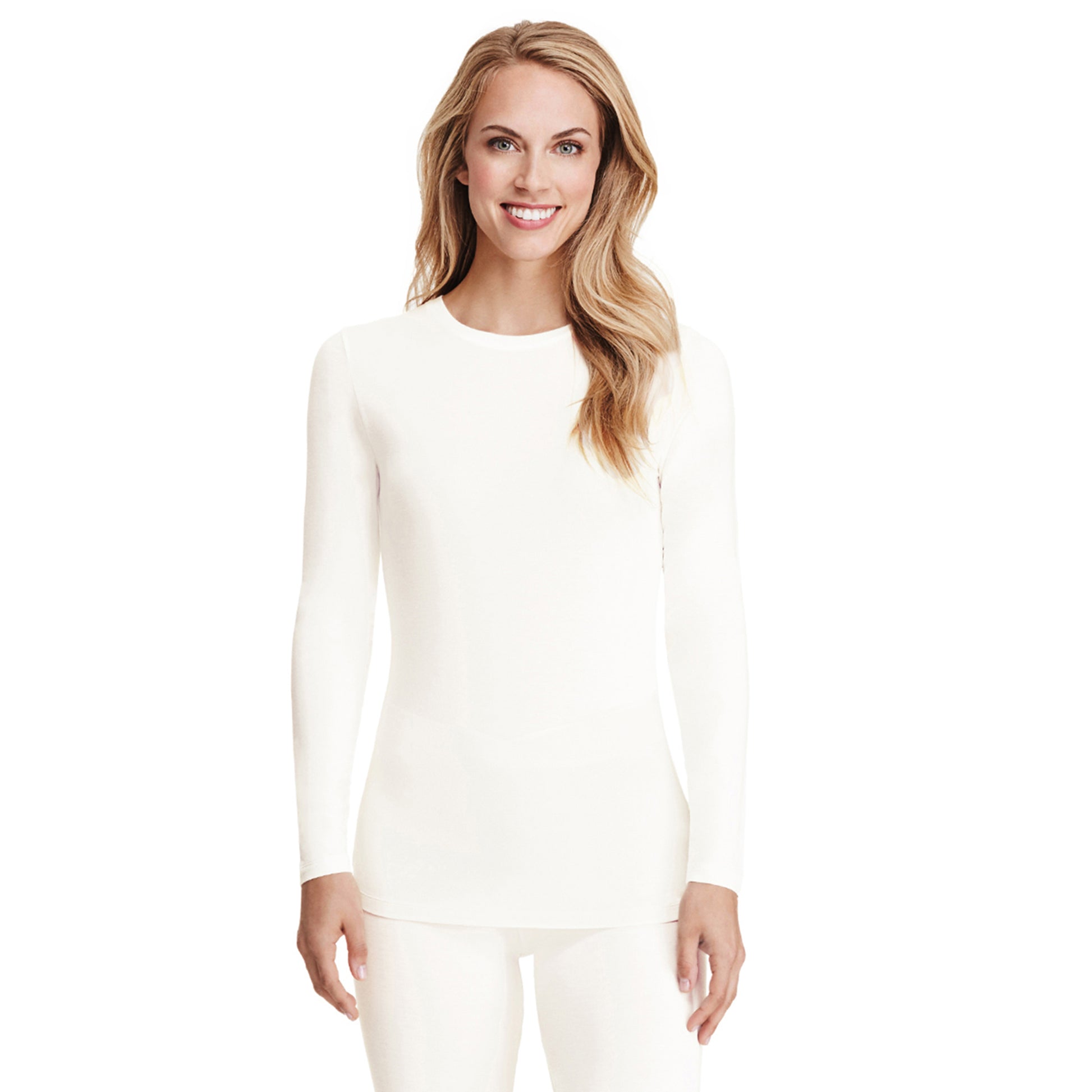 Ivory; Model is wearing size S. She is 5’9”, Bust 32”, Waist 25.5”, Hips 36”. @A lady wearing a ivory long sleeve stretch crew PETITE.