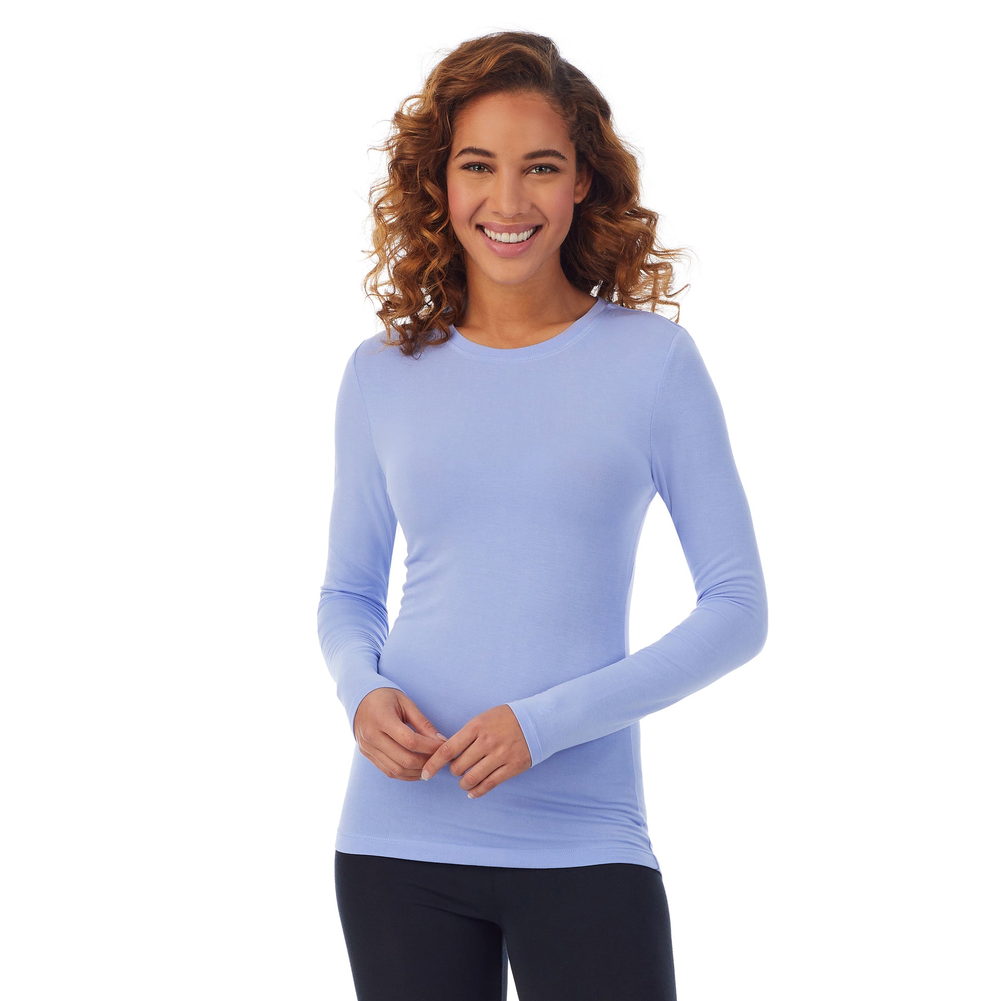 Peri Blue; Model is wearing size S. She is 5’9”, Bust 34”, Waist 23”, Hips 35”. @A lady wearing a peri blue long sleeve stretch crew PETITE.