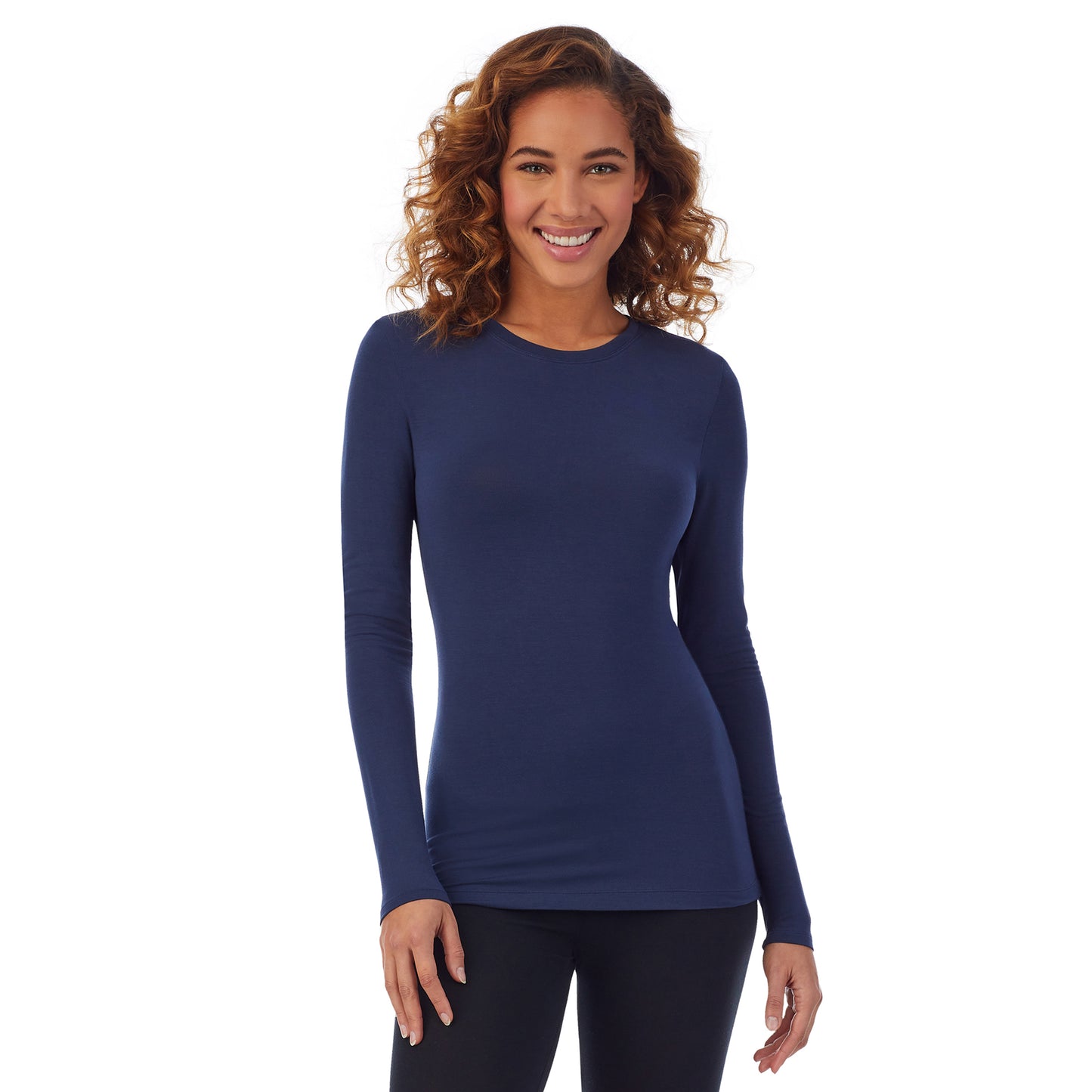 Dress Blues; Model is wearing size S. She is 5’9”, Bust 34”, Waist 23”, Hips 35”. @A lady wearing a dress blue long sleeve stretch crew PETITE.