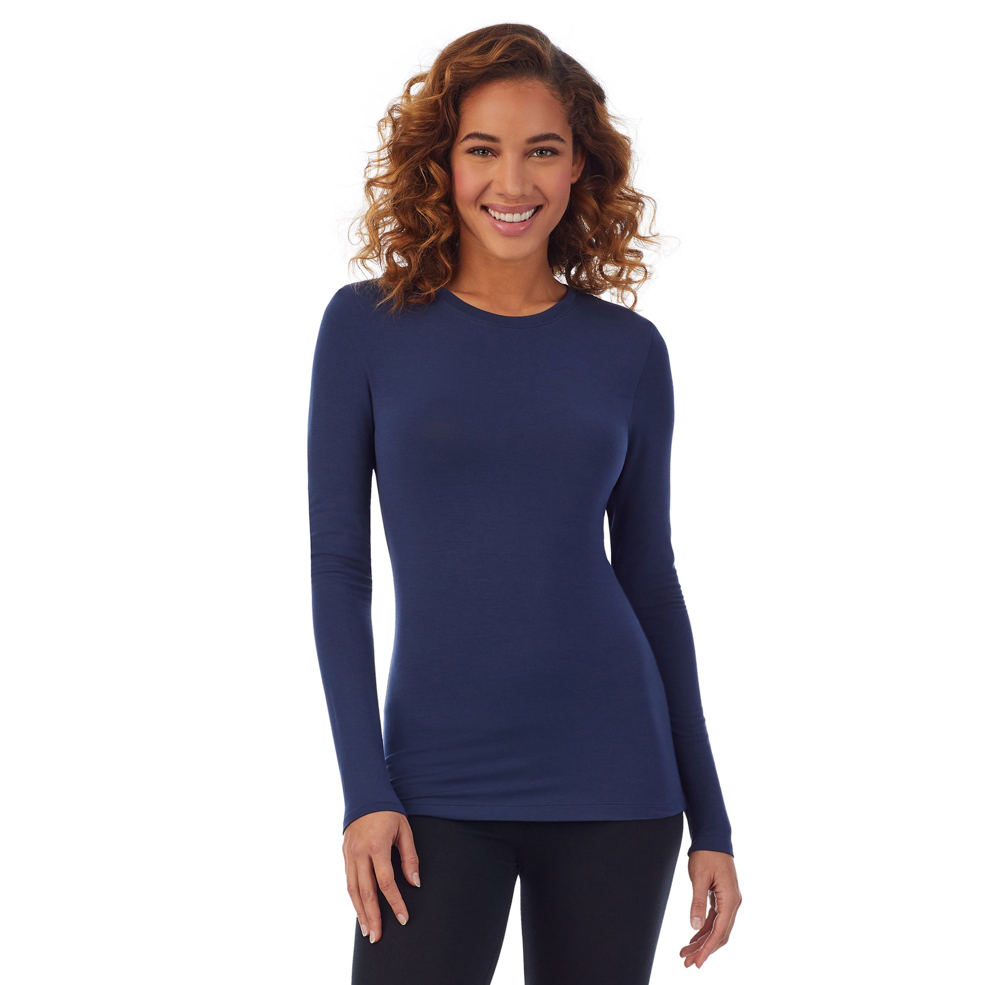 A lady wearing a dress blue long sleeve stretch crew PETITE.