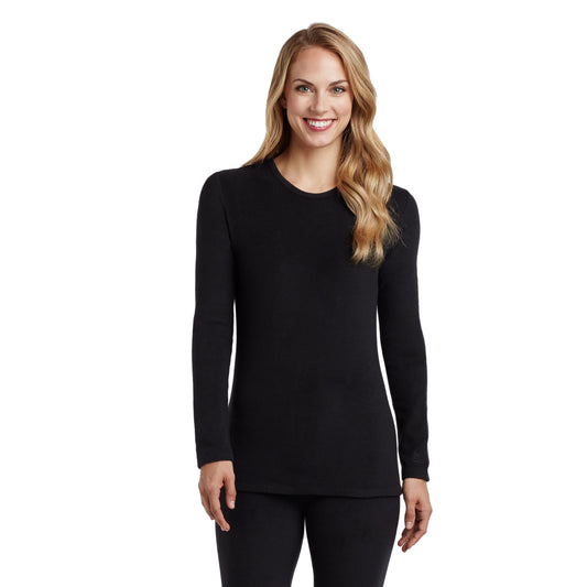 Black; Model is wearing size S. She is 5’9”, Bust 32”, Waist 25.5”, Hips 36”.@Upper body of a lady wearing black long sleeve crew