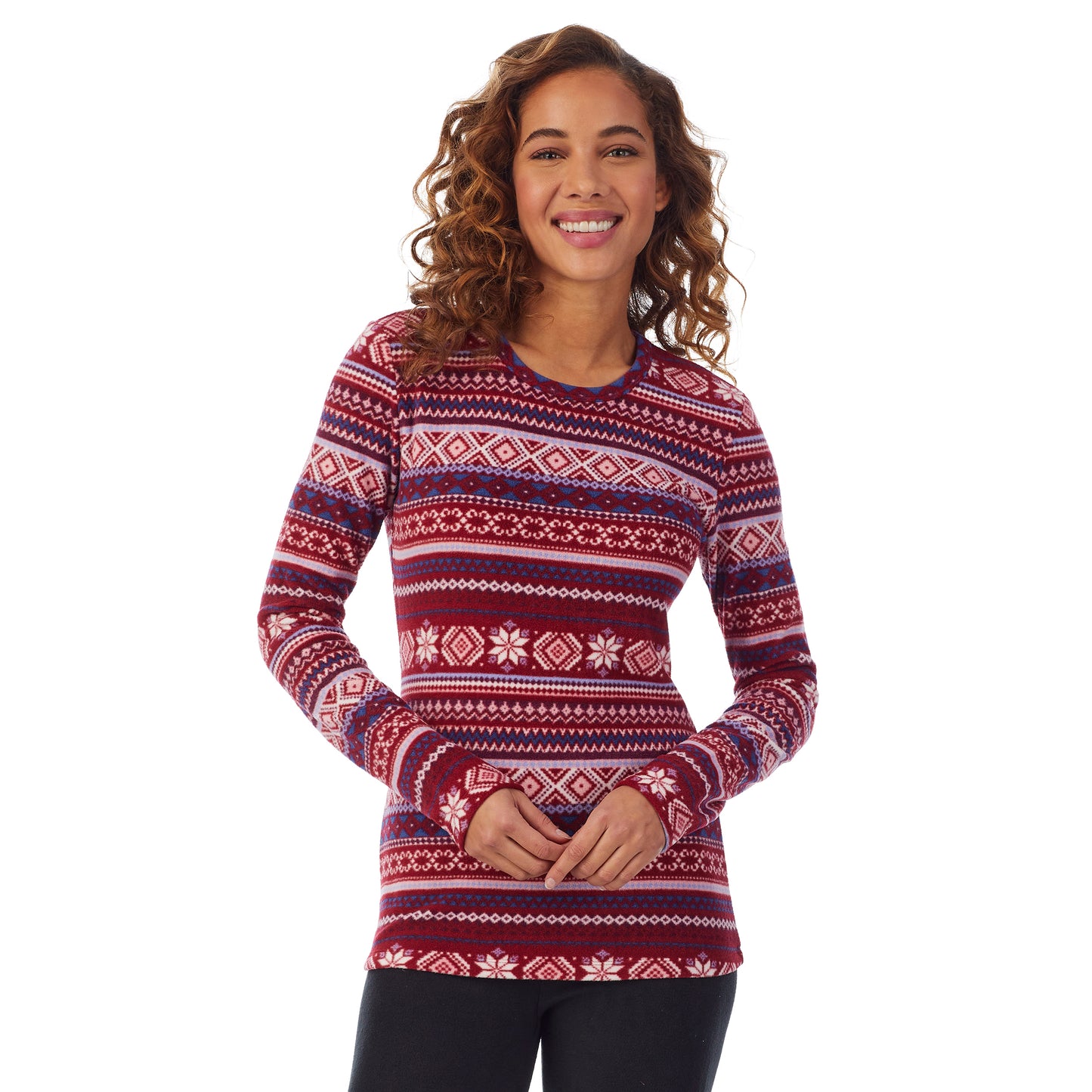Rhubarb Multi Fairisle; Model is wearing size S. She is 5’9”, Bust 34”, Waist 23”, Hips 35”.@Upper body of a lady wearing red fairisle long sleeve crew