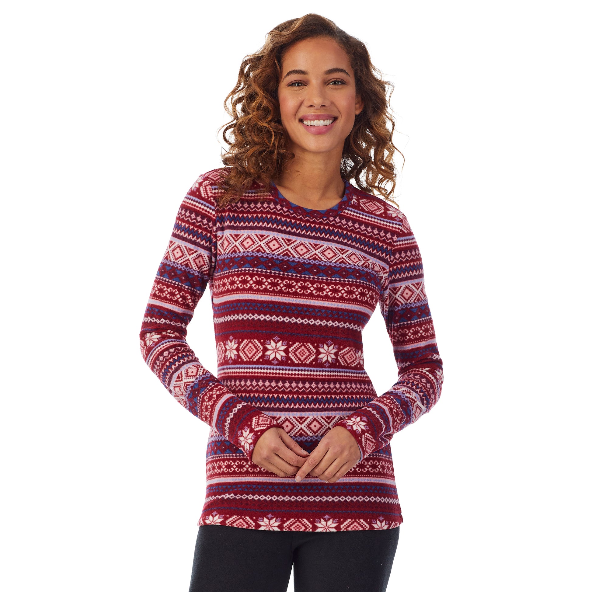 Upper body of a lady wearing red fairisle long sleeve crew