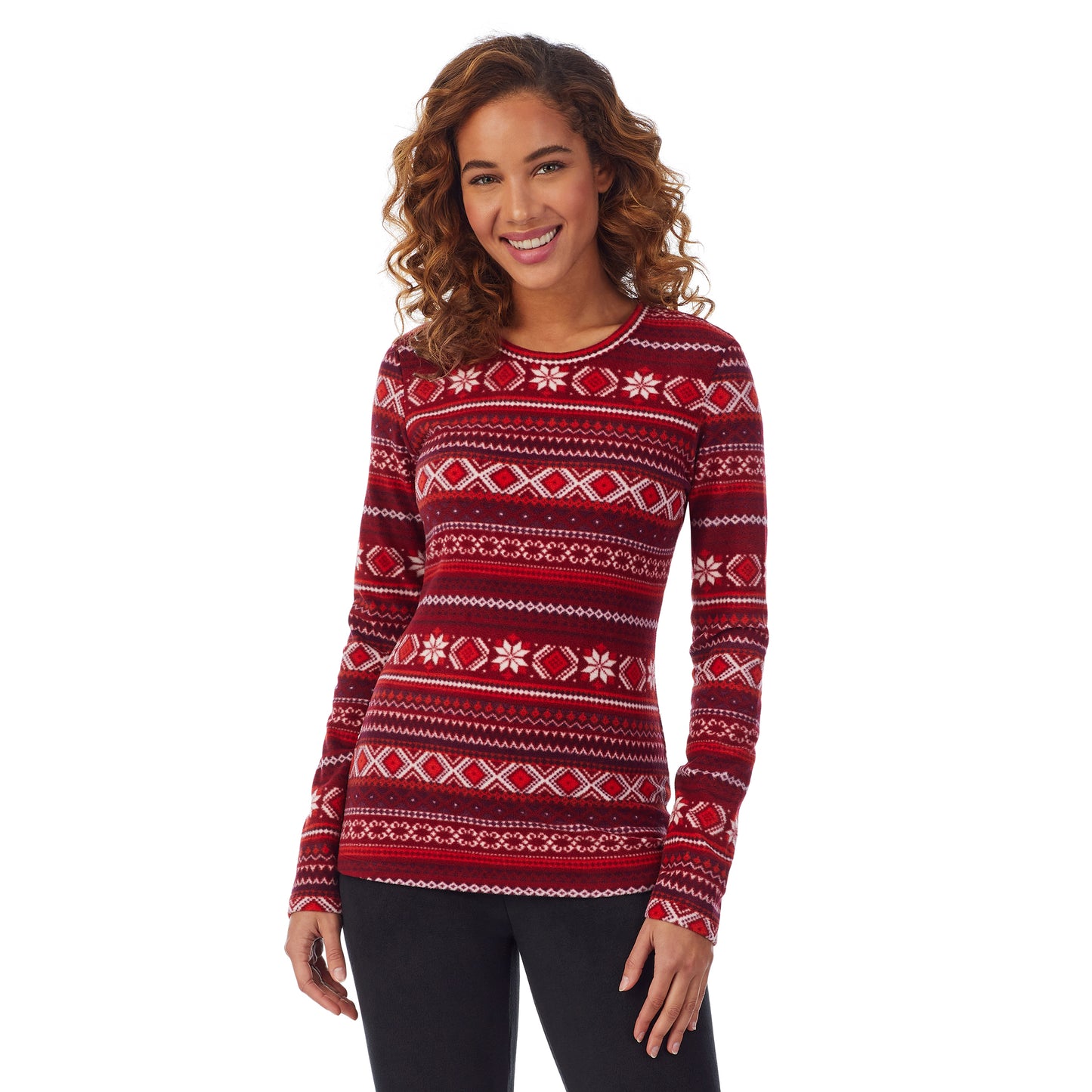 Rhubarb Fairisle; Model is wearing size S. She is 5’9”, Bust 34”, Waist 23”, Hips 35”.@Upper body of a lady wearing red fairisle long sleeve crew