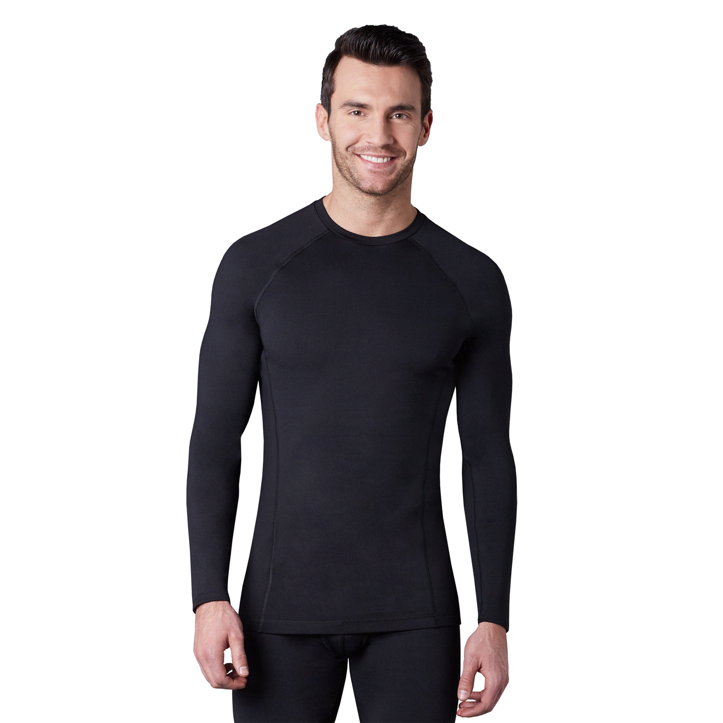 Black;Model is wearing size M. He is 5'11", Waist 32", Inseam 31".@A man wearing black long sleeve crew.