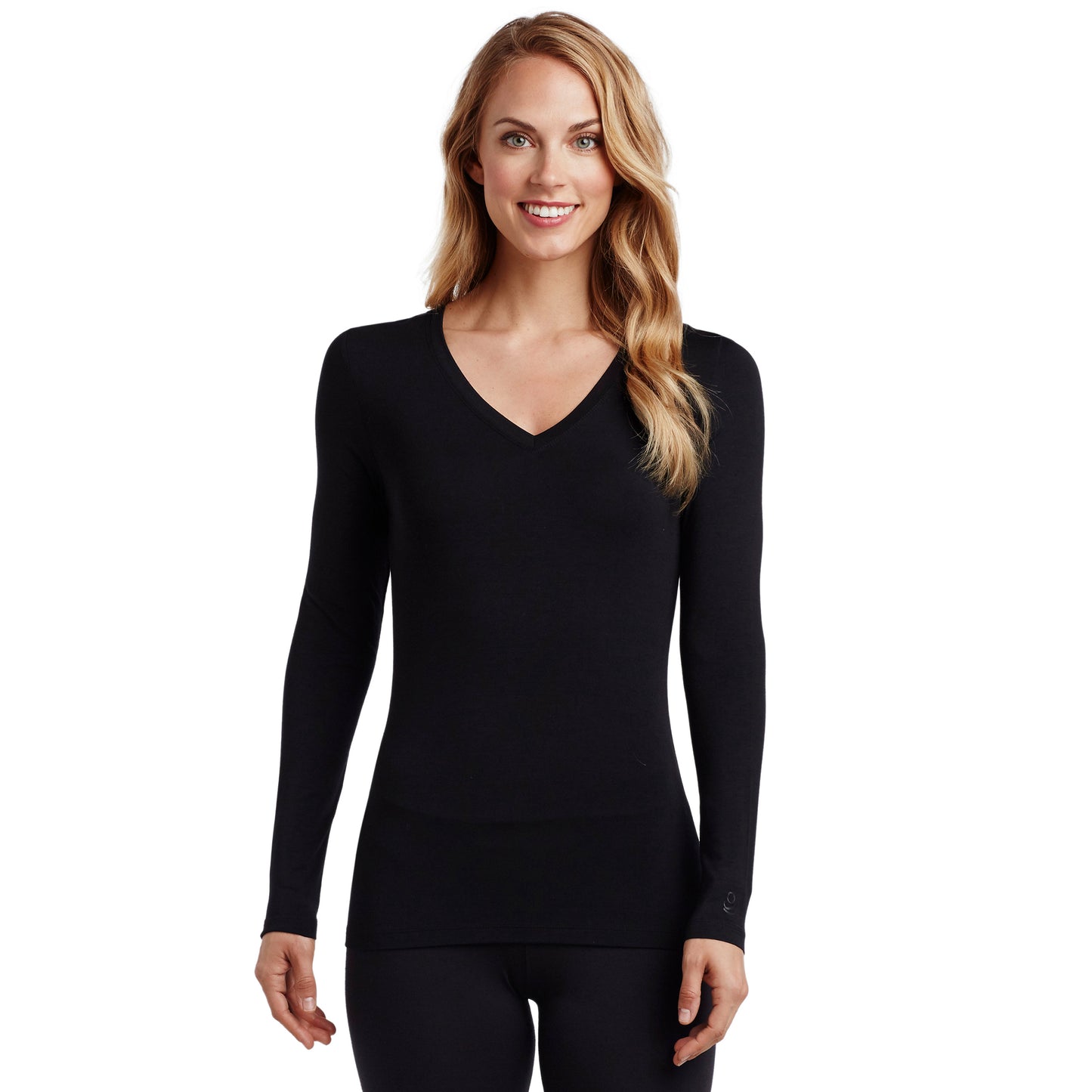 Black; Model is wearing size S. She is 5’9”, Bust 32”, Waist 25.5”, Hips 36”. @A lady wearing a black long sleeve stretch V-neck PETITE.