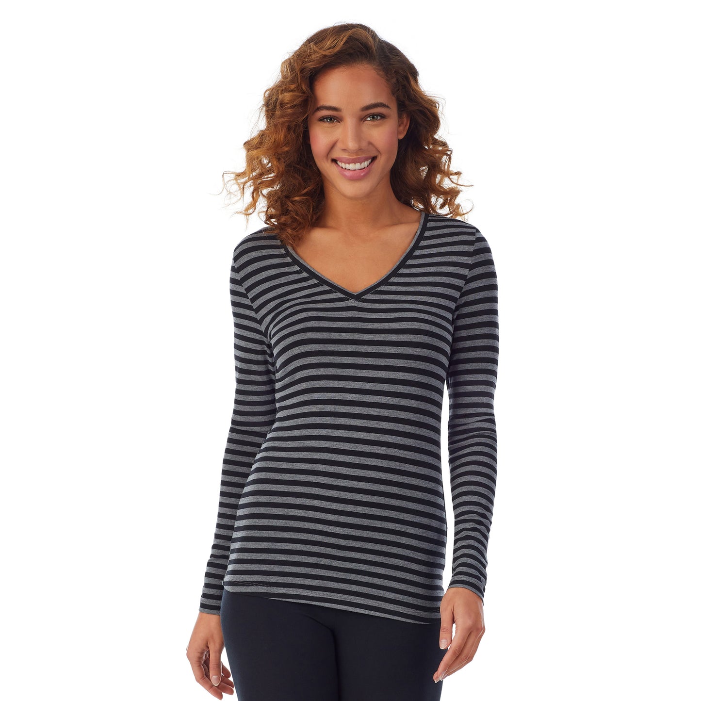 Tonal Stripe; Model is wearing size S. She is 5’9”, Bust 34”, Waist 23”, Hips 35”. @A lady wearing a tonal stripe long sleeve stretch V-neck PETITE.