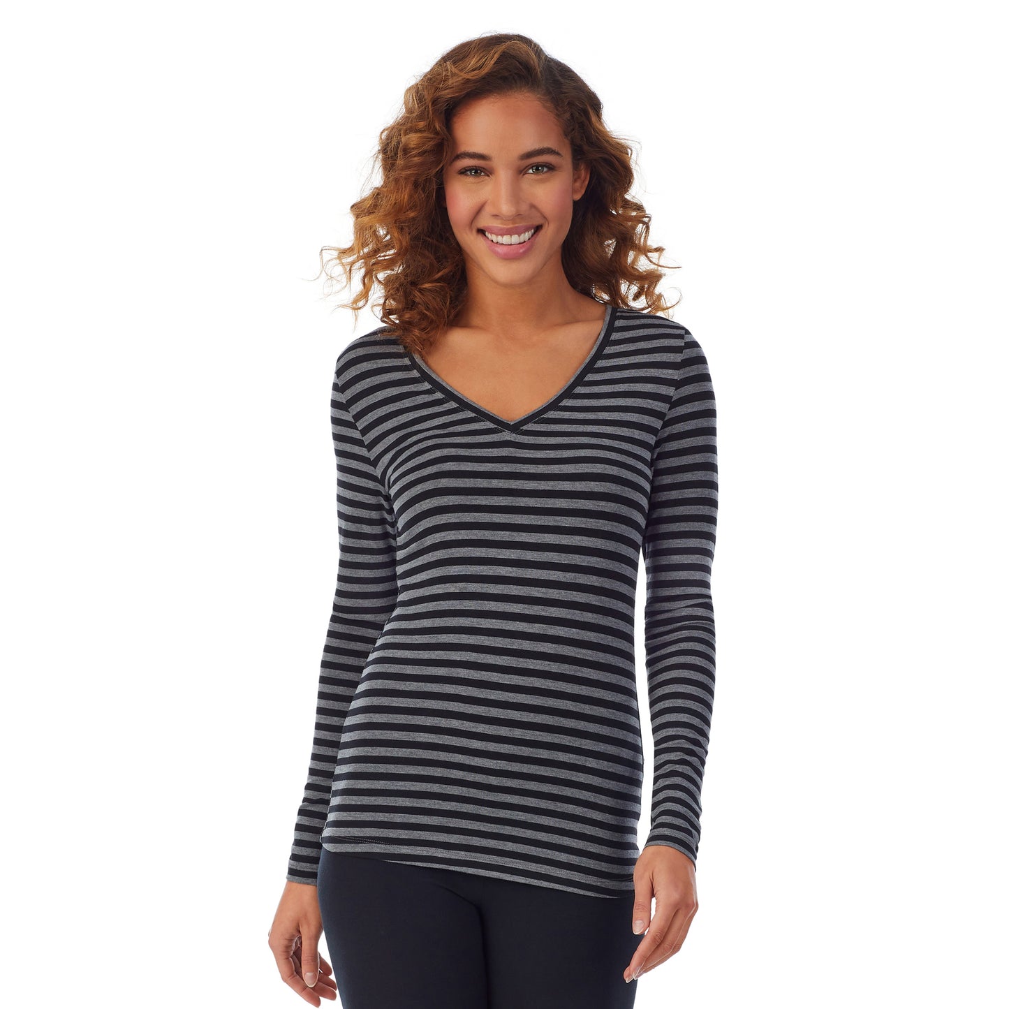  Tonal Stripe; Model is wearing size S. She is 5’9”, Bust 34”, Waist 23”, Hips 35”. @A lady wearing a tonal stripe long sleeve stretch V-neck PETITE.