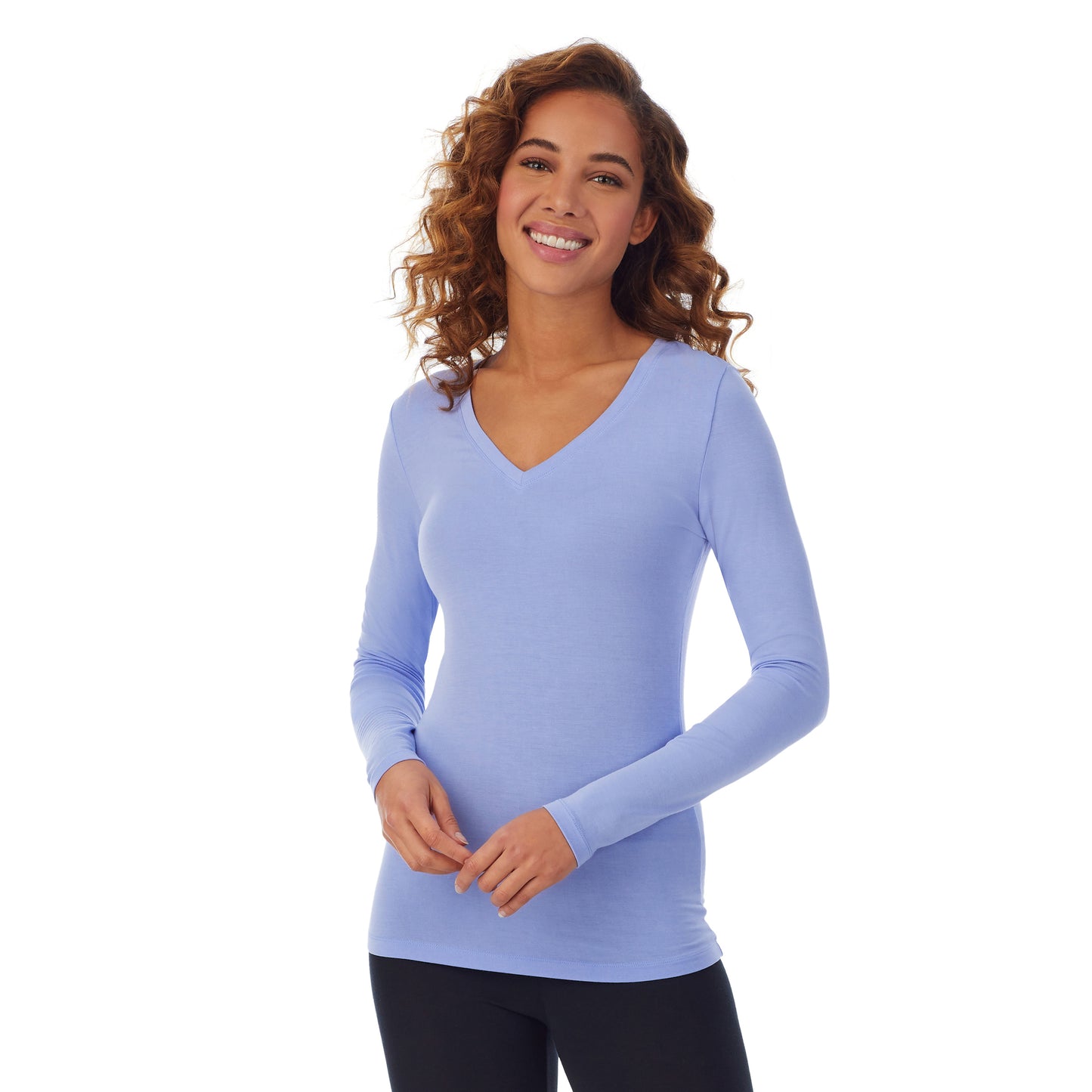 Peri Blue; Model is wearing size S. She is 5’9”, Bust 34”, Waist 23”, Hips 35”. @A lady wearing a peri blue long sleeve stretch V-neck PETITE.