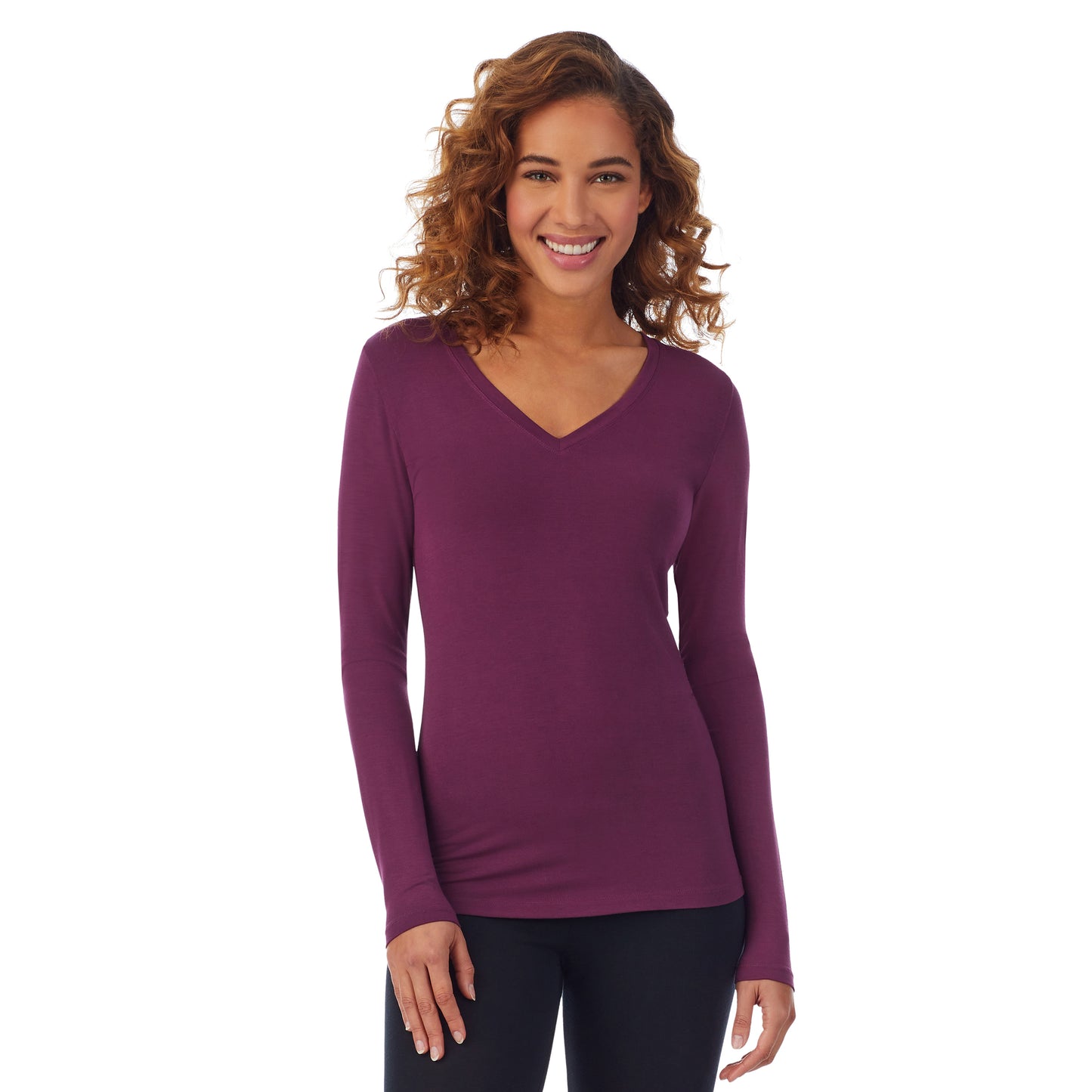 Grape; Model is wearing size S. She is 5’9”, Bust 34”, Waist 23”, Hips 35”. @A lady wearing a grape long sleeve stretch V-neck PETITE.