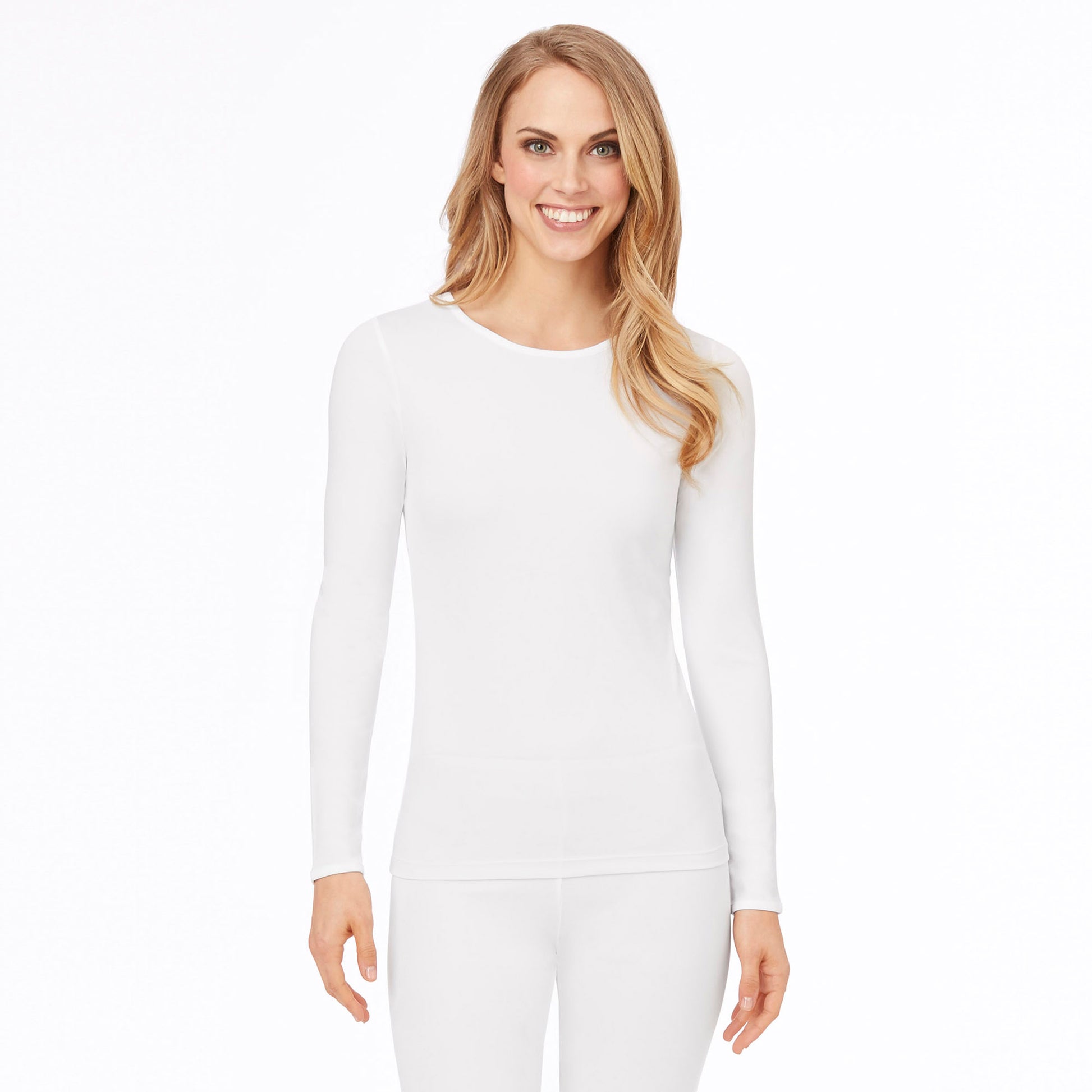 upper body of A lady wearing white long sleeve crew top