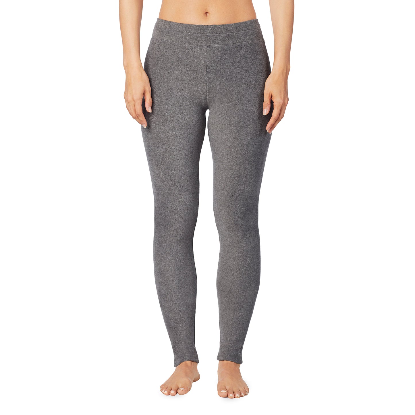 Charcoal Heather; Model is wearing size S. She is 5’9”, Bust 32”, Waist 25.5”, Hips 36”.@lower body of a lady wearing grey legging !59% Polyester, 35% Recycled Polyester, 6% Spandex!