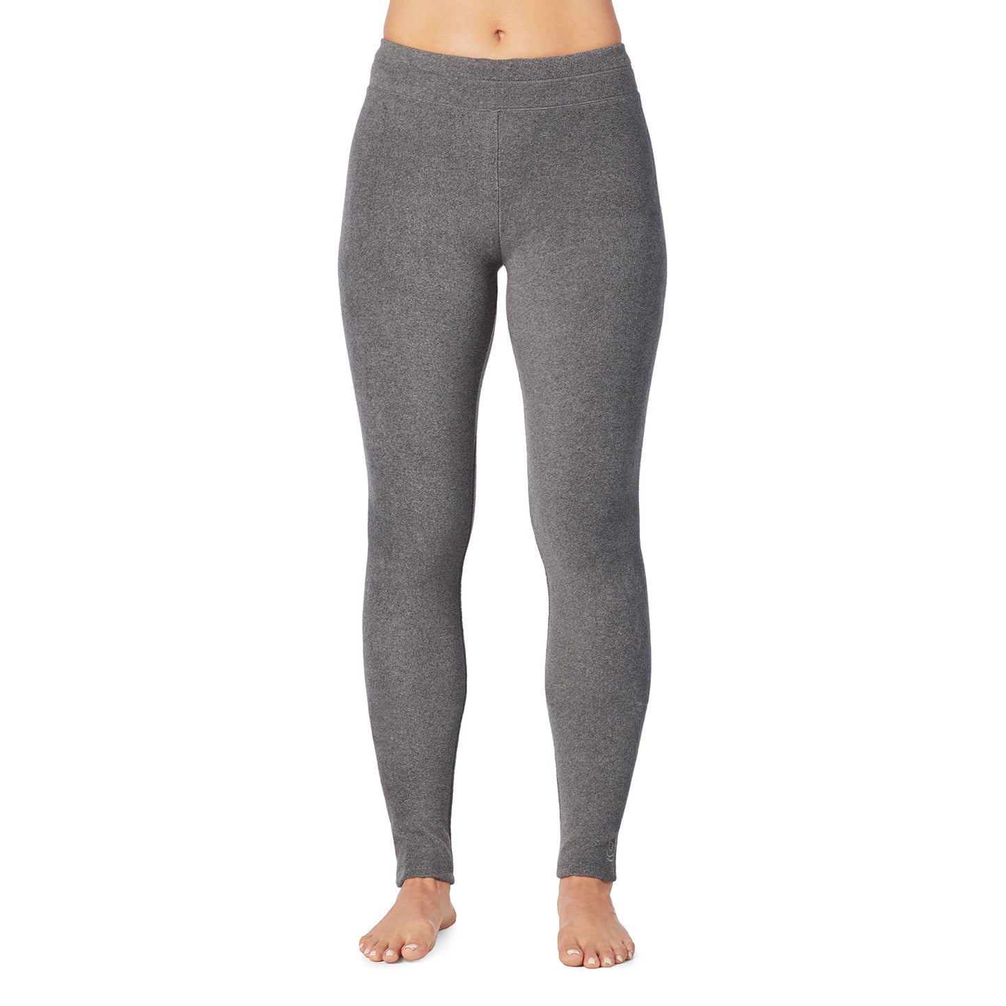 Charcoal Heather; Model is wearing size S. She is 5’9”, Bust 32”, Waist 25.5”, Hips 36”.@lower body of a lady wearing grey legging !59% Polyester, 35% Recycled Polyester, 6% Spandex!