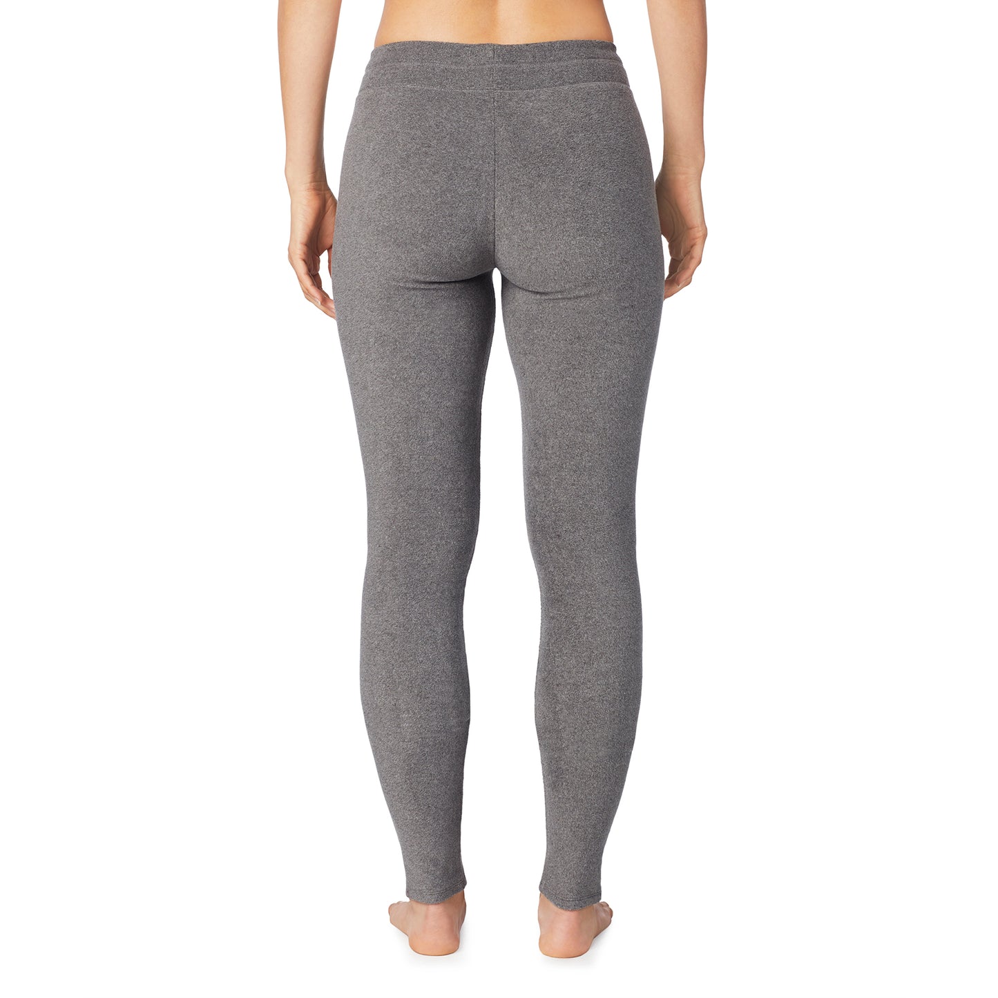 Charcoal Heather; Model is wearing size S. She is 5’9”, Bust 32”, Waist 25.5”, Hips 36”.@lower body of a lady wearing black legging !59% Polyester, 35% Recycled Polyester, 6% Spandex!
