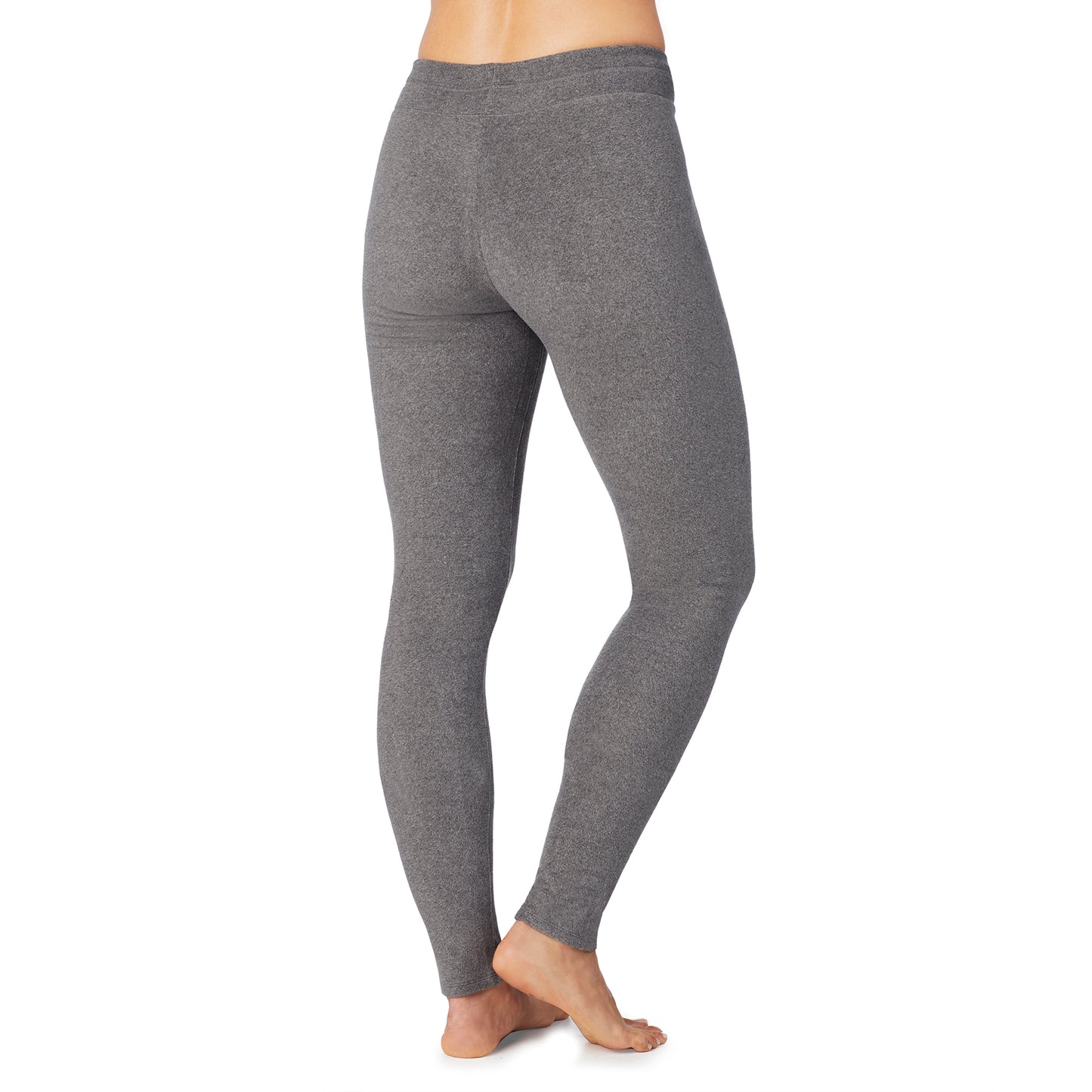 Charcoal Heather; Model is wearing size S. She is 5’9”, Bust 32”, Waist 25.5”, Hips 36”.@lower body of a lady wearing grey legging !59% Polyester, 35% Recycled Polyester, 6% Spandex!